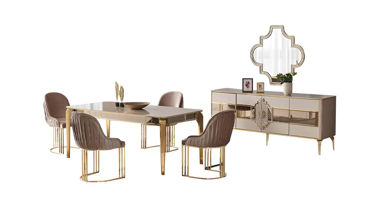 Esszimmer-Set Esstisch mit Stühlen und Sideboard in Beige, modernes Design