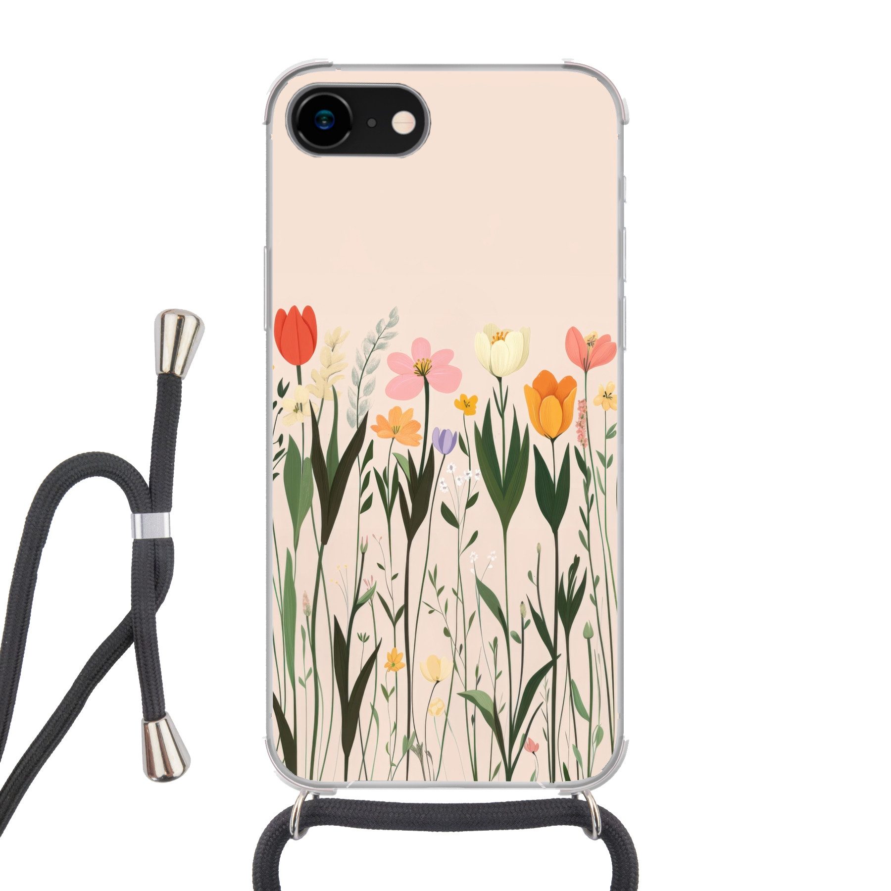 MuchoWow Handyhülle für Apple iPhone 7 Pastelltöne - Blumen - Illustration, Tragbare Handyhüllen mit Kette zum umhängen, Handykette Handyband