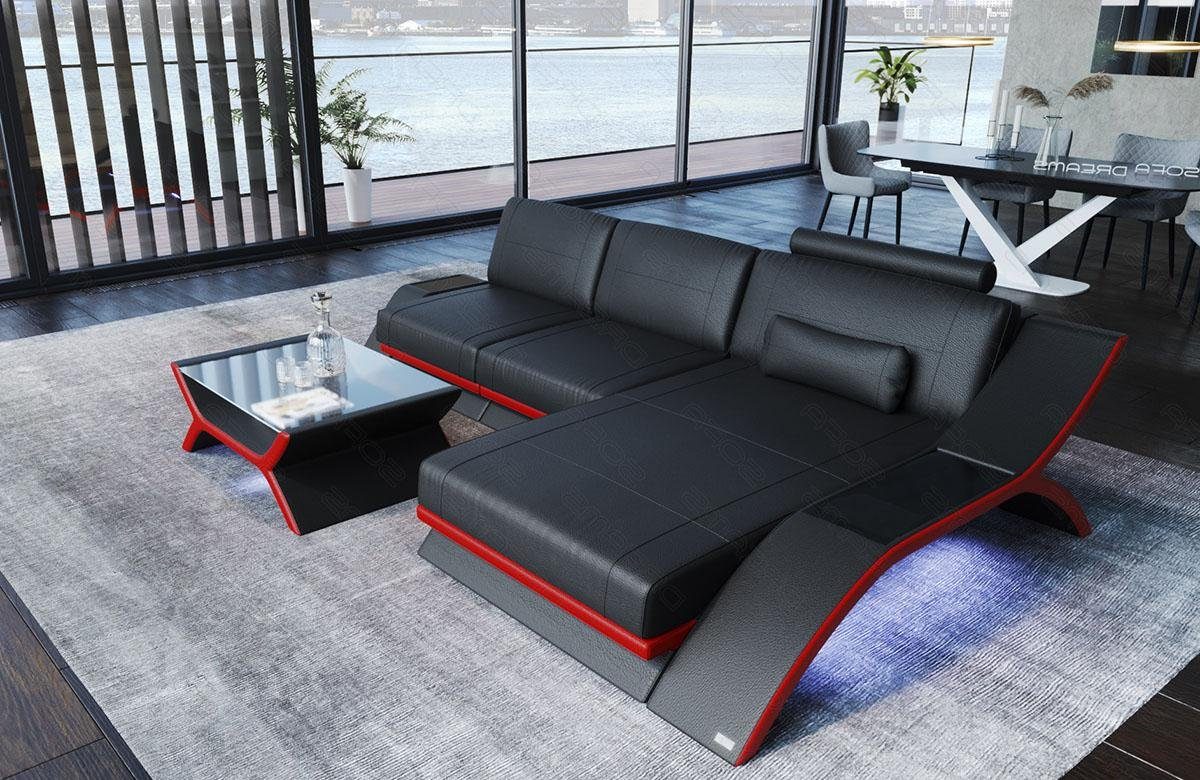 Sofa Dreams Ecksofa Sofa Leder Calabria L Form Ledersofa, Couch, mit LED Beleuchtung, USB Anschluss und Multifunktions-Console