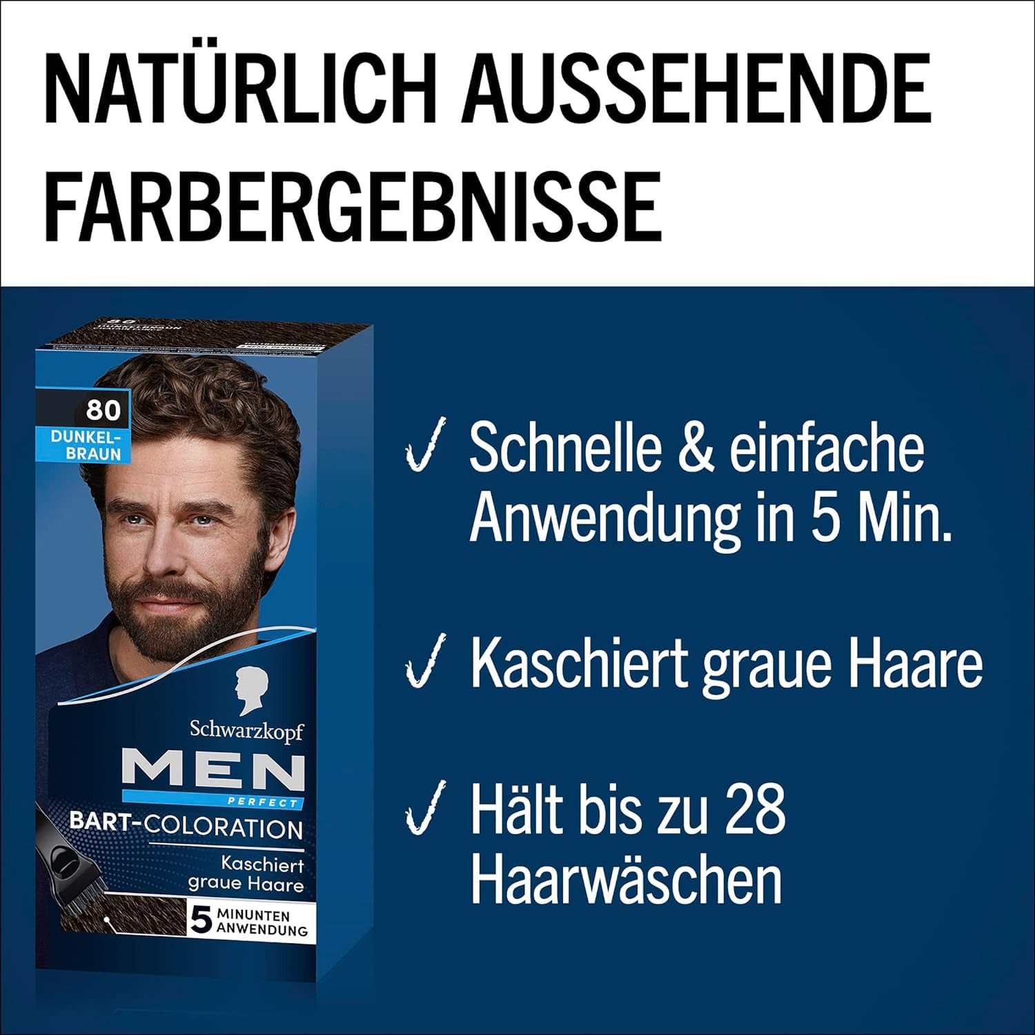 Schwarzkopf Bartfarbe Men Perfect 80 Dunkelbraun 3x 30ml, Vorratspack, 3-tlg., Schnelles Kaschieren grauer Haare, für ein natürlich aussehendes Ergebnis