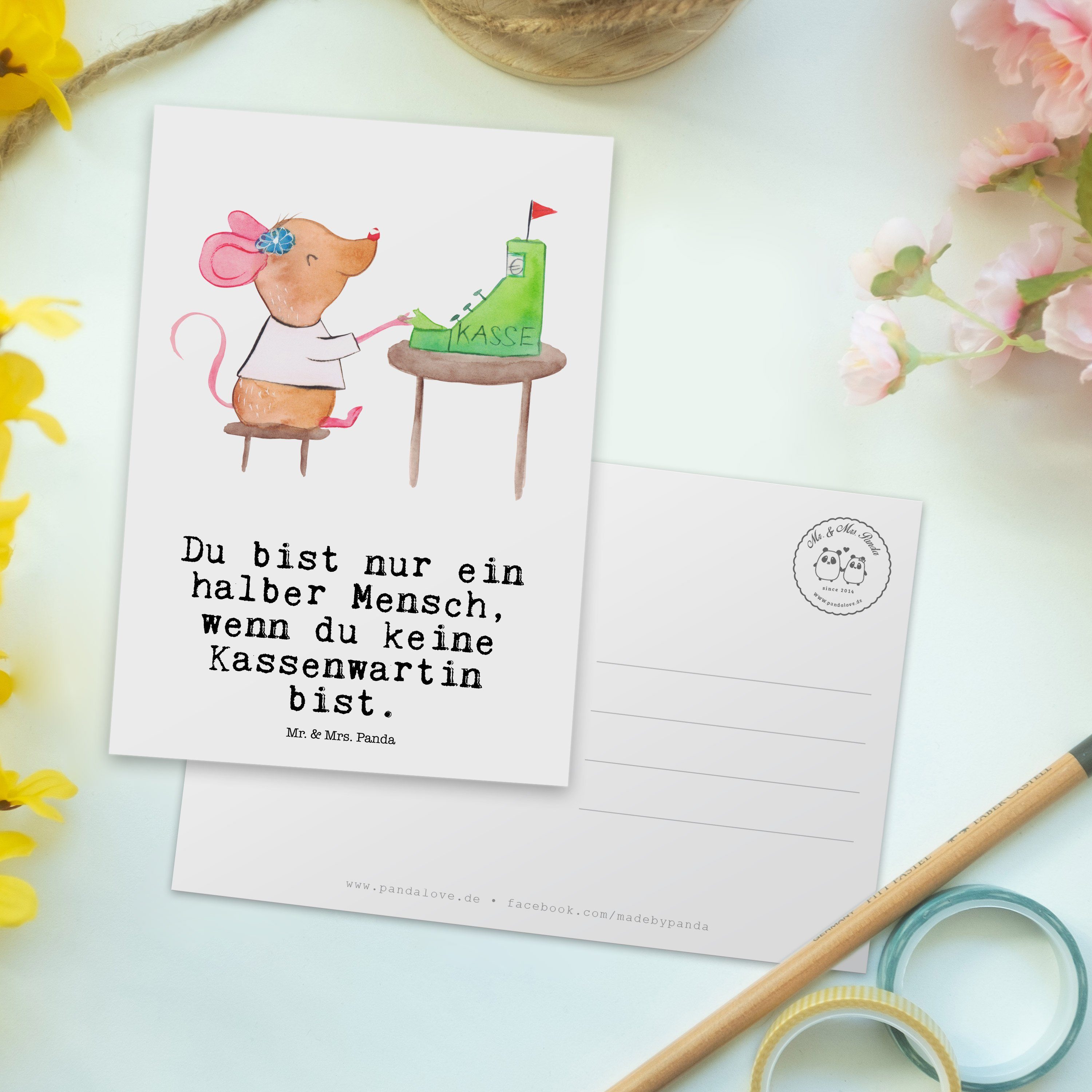 Herz - & Ausbildung, Postkarte Panda Karte, Geschenk, - Arbeitsko Weiß Mr. Kassenwartin Mrs. mit