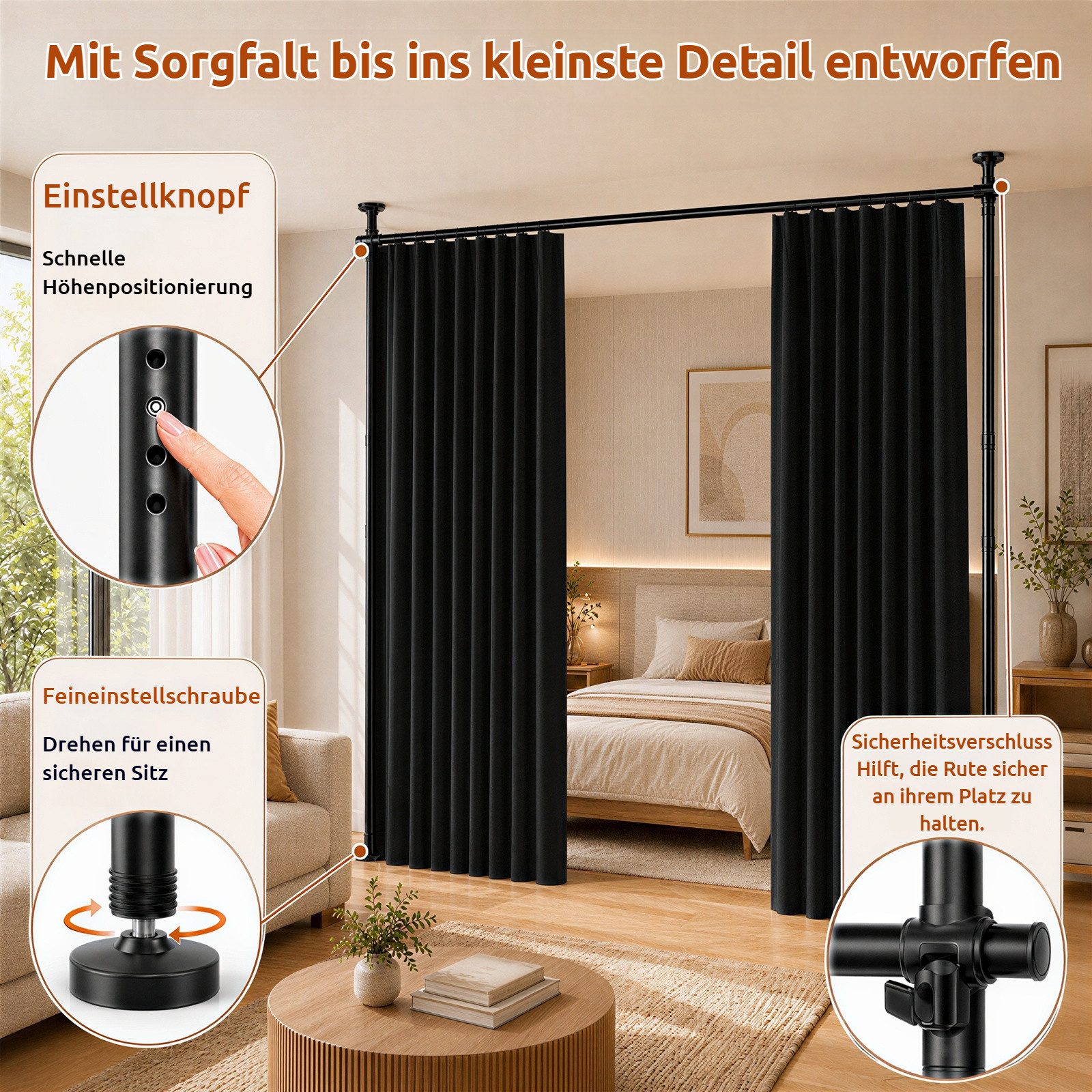 BlingBin Raumteiler Bohrfreier Raumteiler Spannstange, verstellbares Raumtrenn‑Spannsystem, 2‑vertikal 1‑horizontal, mit Vorhang, Höhe 227‑312 cm, Breite 71‑178 – Bild 3 von 5