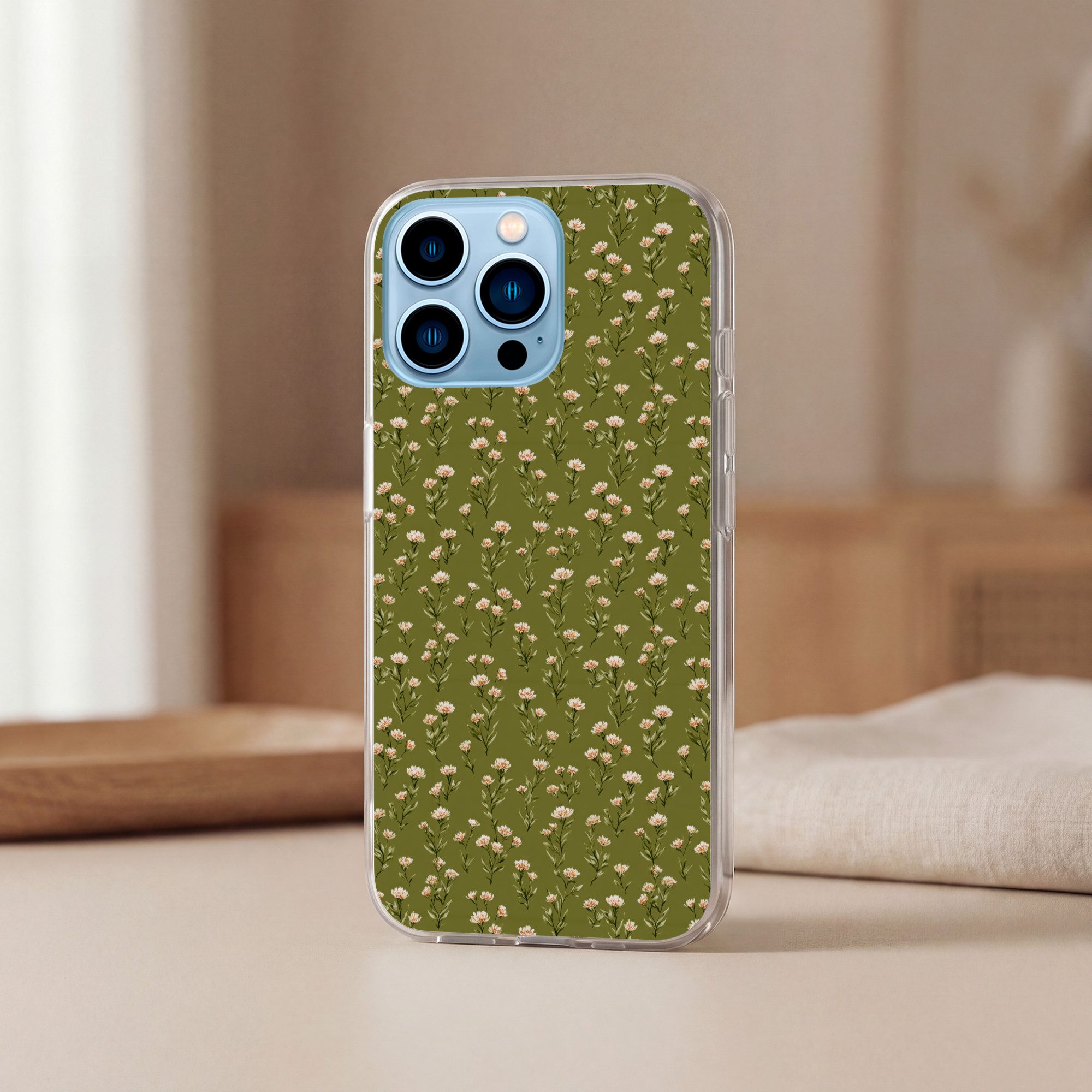 MuchoWow Handyhülle für Apple iPhone 13 Pro Rustikal - Blumen - Grün, Smartphone-Bumper, Print, Handy Schutzhülle Dünn