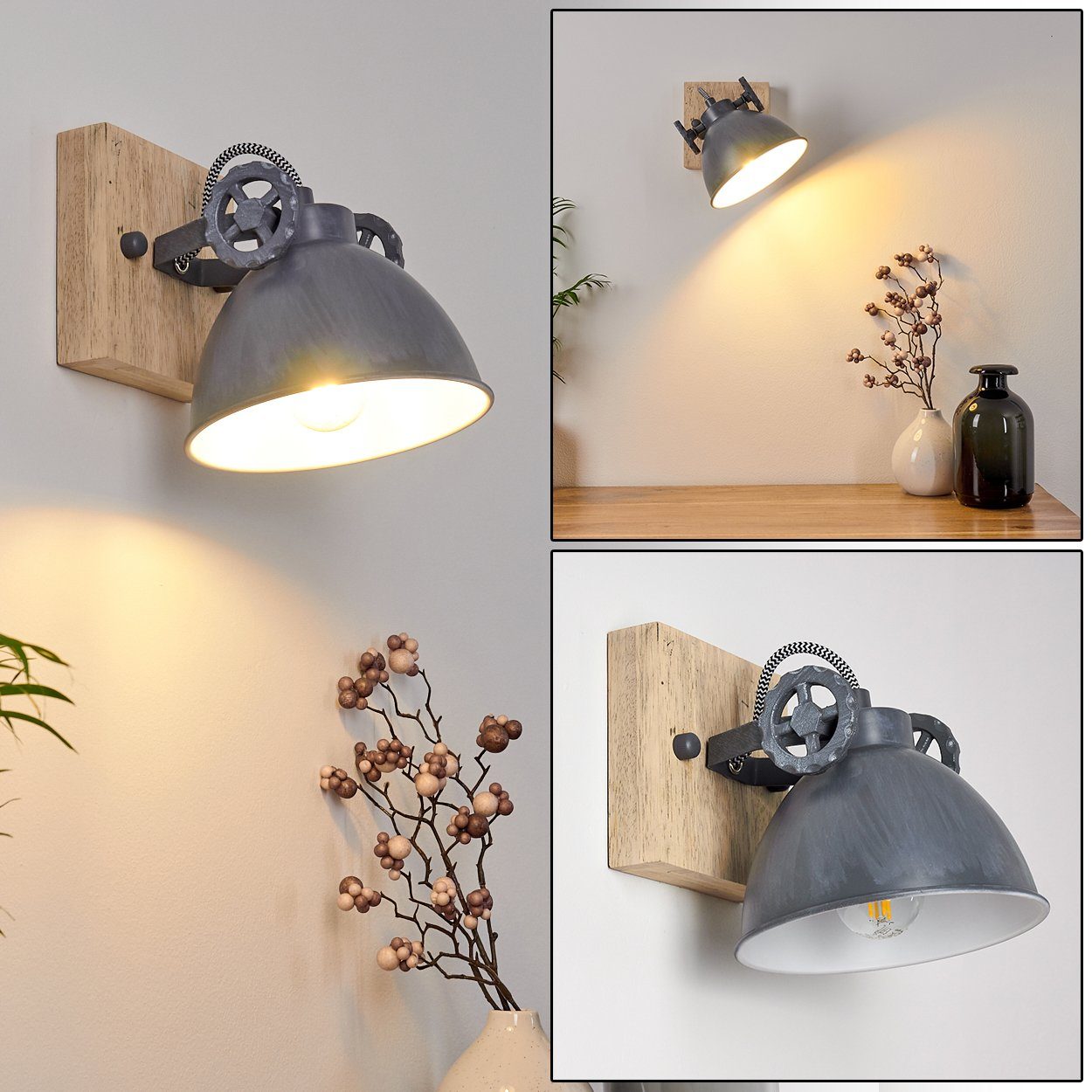 aus Design »Mot« Leuchtmittel, Wandleuchte Metall Holz und verstellbarem Retro/Vintage 1xE14, Wandlampe Blau-Grau/Natur, Strahler, mit hofstein in ohne