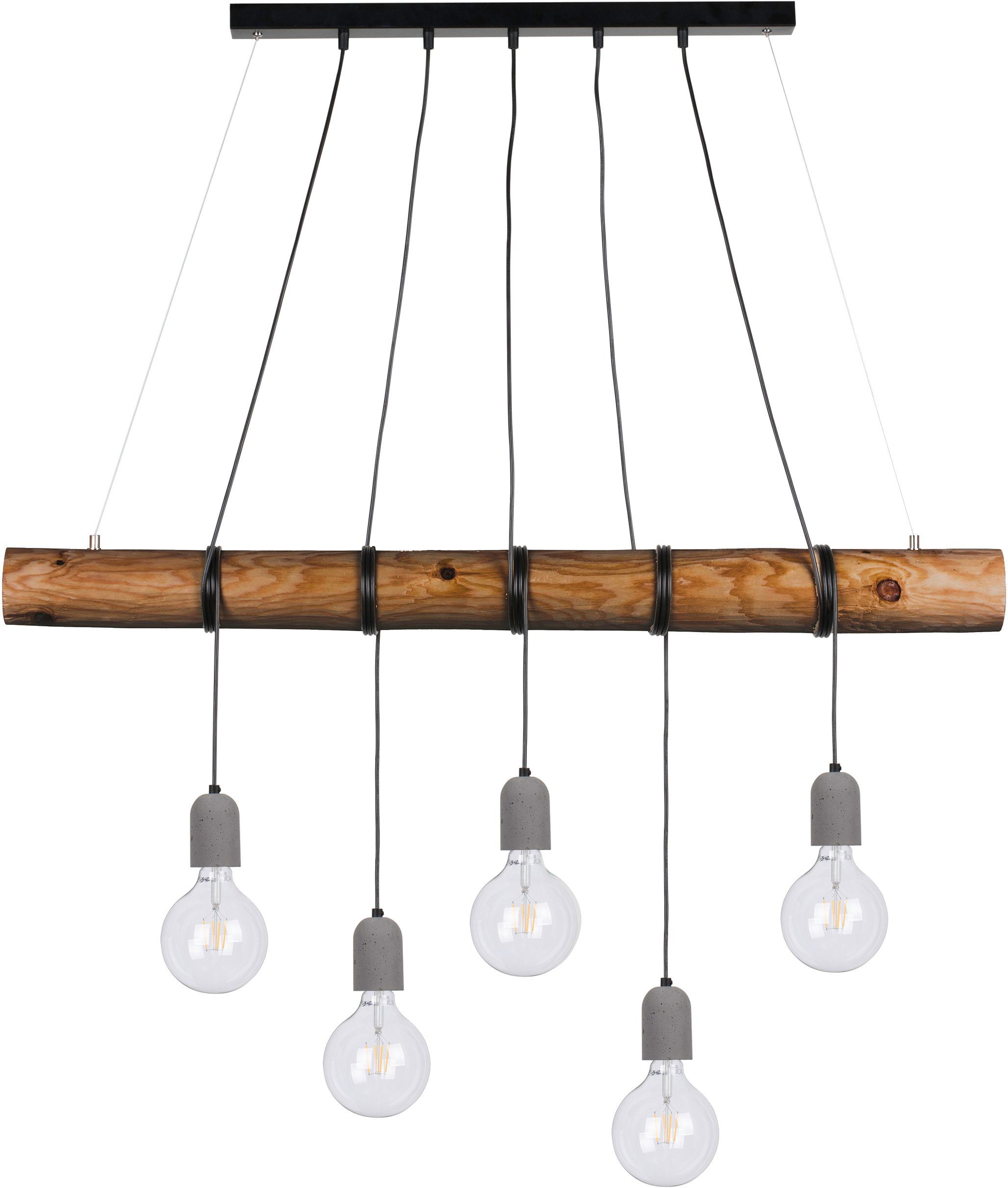 SPOT Light aus Pendelleuchte Ø CONCRETE, TRABO Holzbalken Hängeleuchte, echter Leuchtmittel Kabel Beton, 8-12 cm, wechselbar, Kiefernholz kürzbar