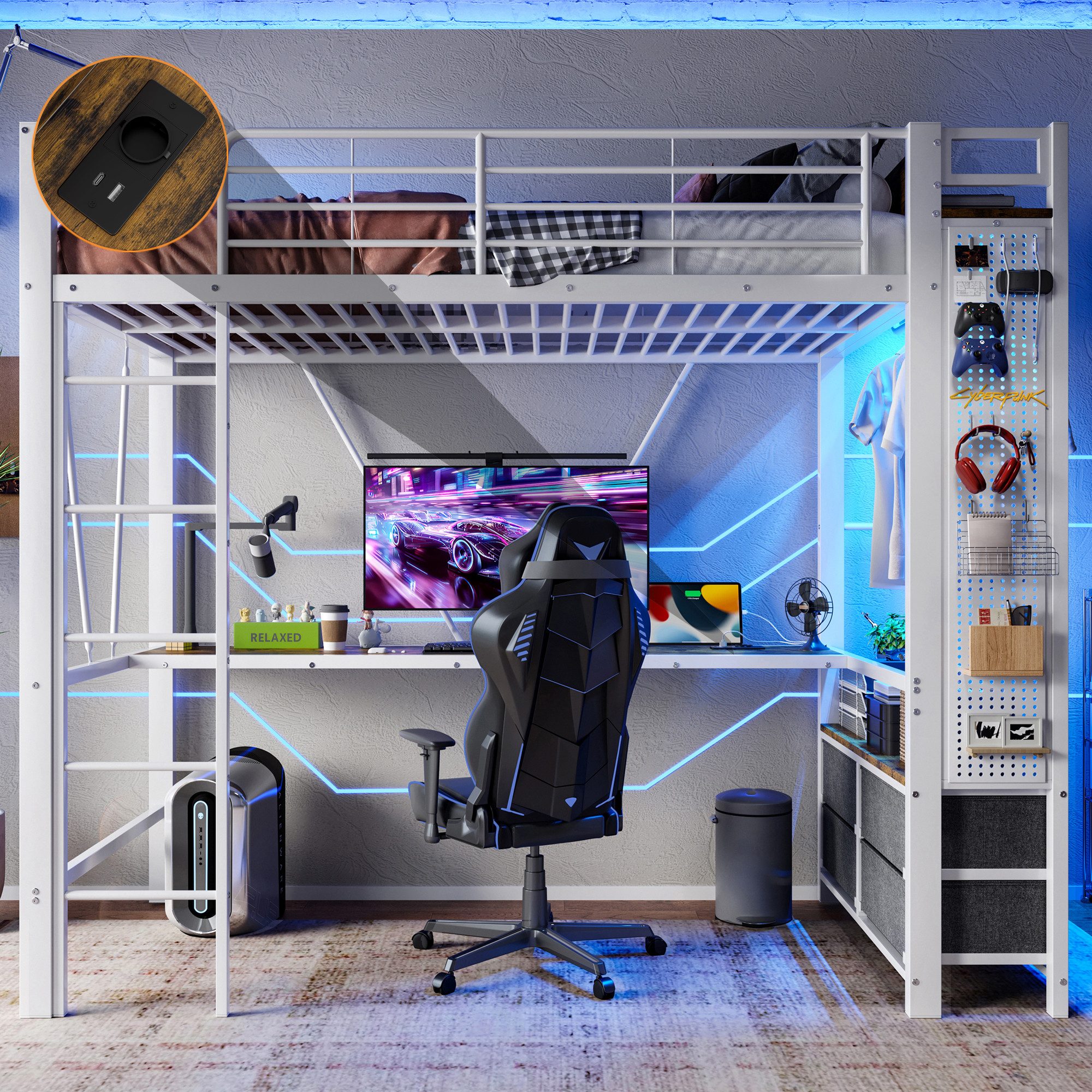 TavilaEcon Hochbett mit Trockenstab & Einlegeböden, 4 Schubladen, USB+TYPE- günstig online kaufen