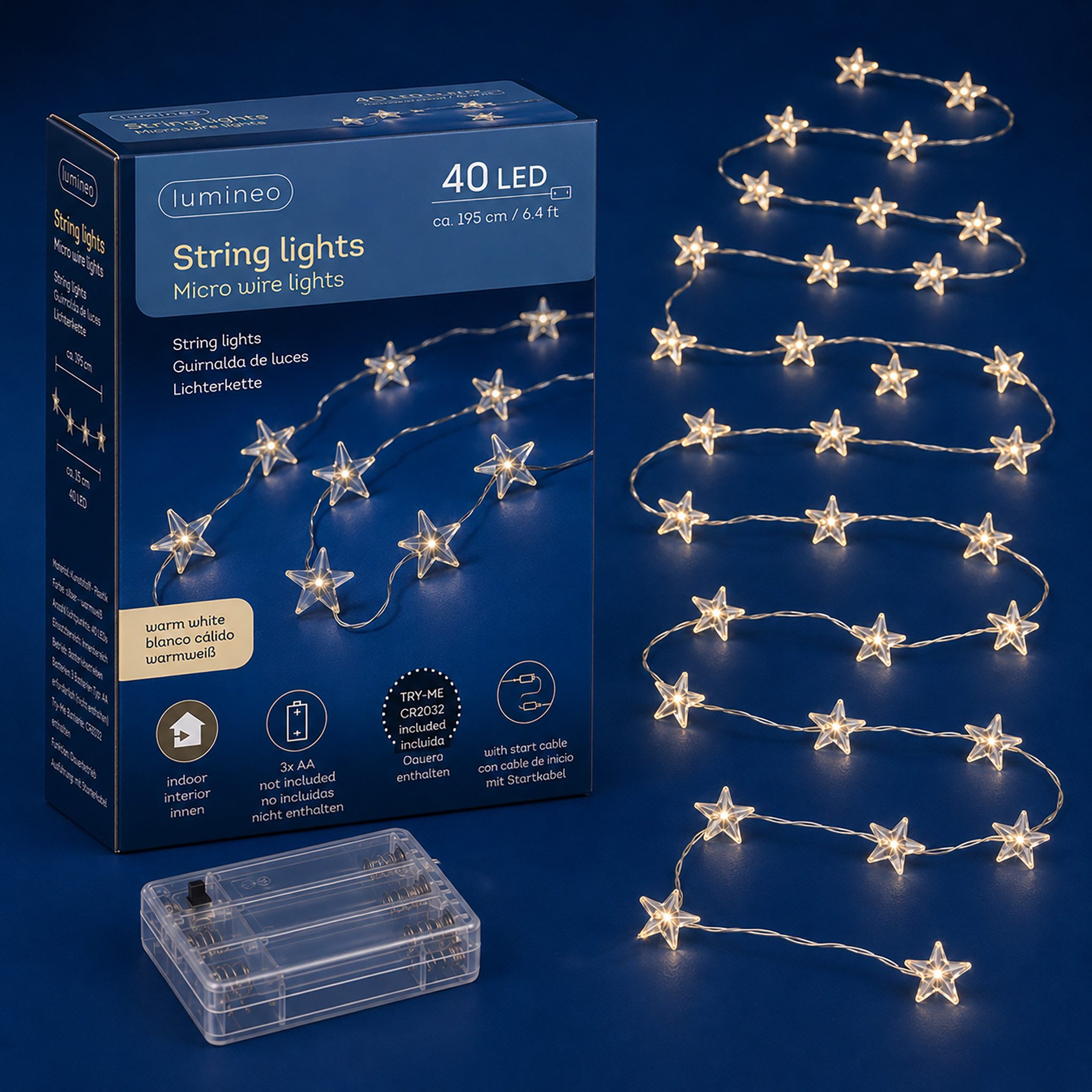 Lumineo LED-Lichterkette, LED Draht Lichterkette 1,95m mit Sternen 40 Micro-LEDs Warmweiß Silber