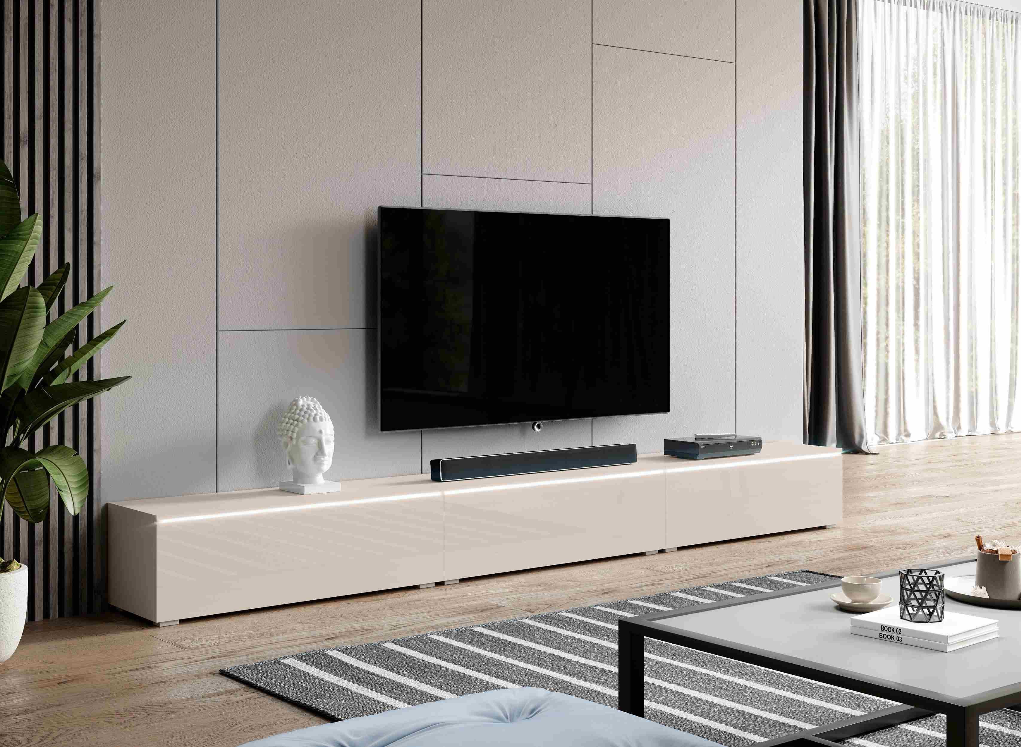 Furnix TV-Schrank BARGO 300 cm (3x100cm) TV-Kommode Lowboard mit/ohne LED Beige 3x 100x34x32 cm, Design & Funktionalität