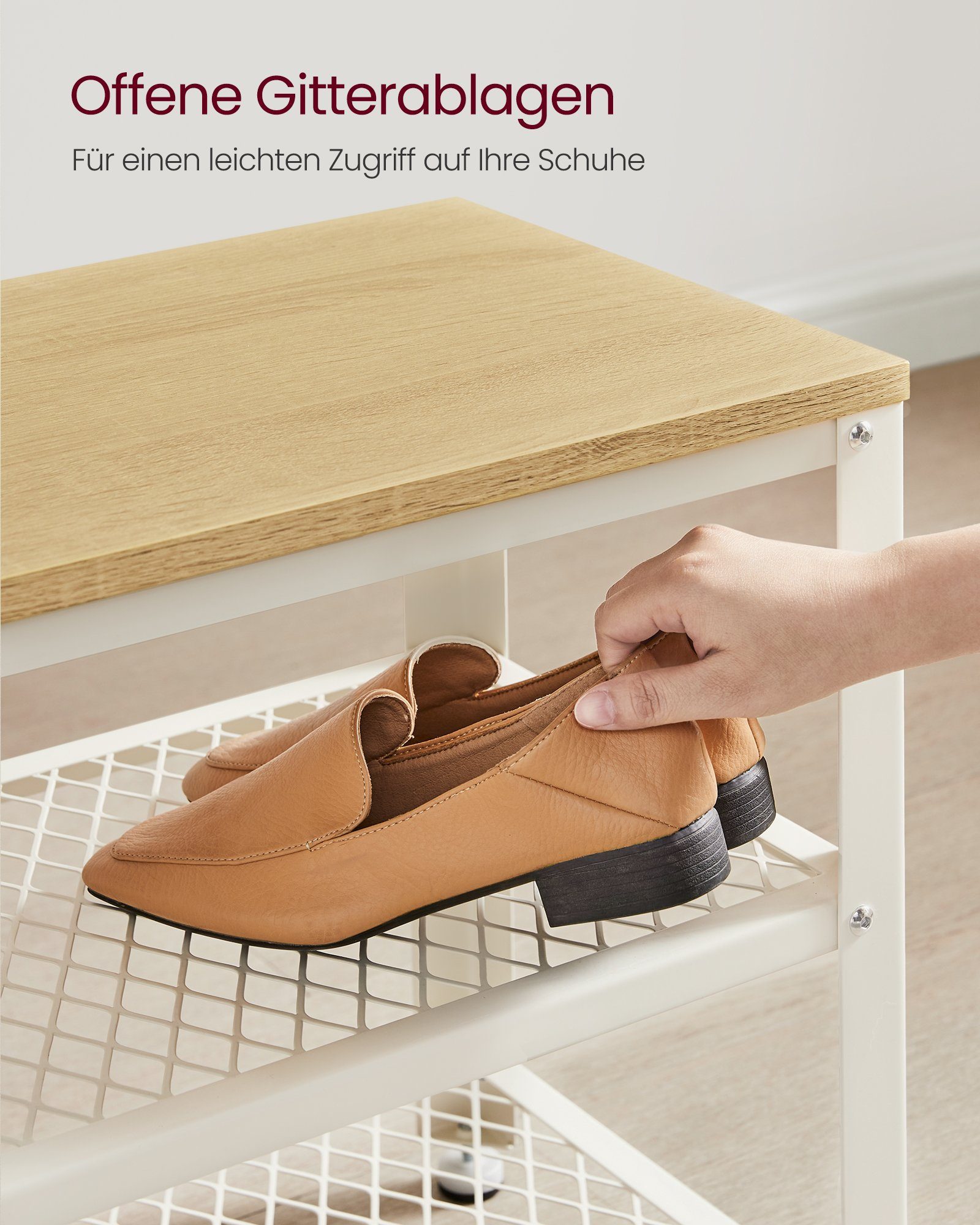 VASAGLE Schuhbank Schuhregal mit 2 Gitterablagen, für Eingangsbereich, Flur, Wohnzimmer, Aufbewahrung für Schuhe, 30x73x45 cm, Metallgestell, Industrie-Design – Bild 4 von 5