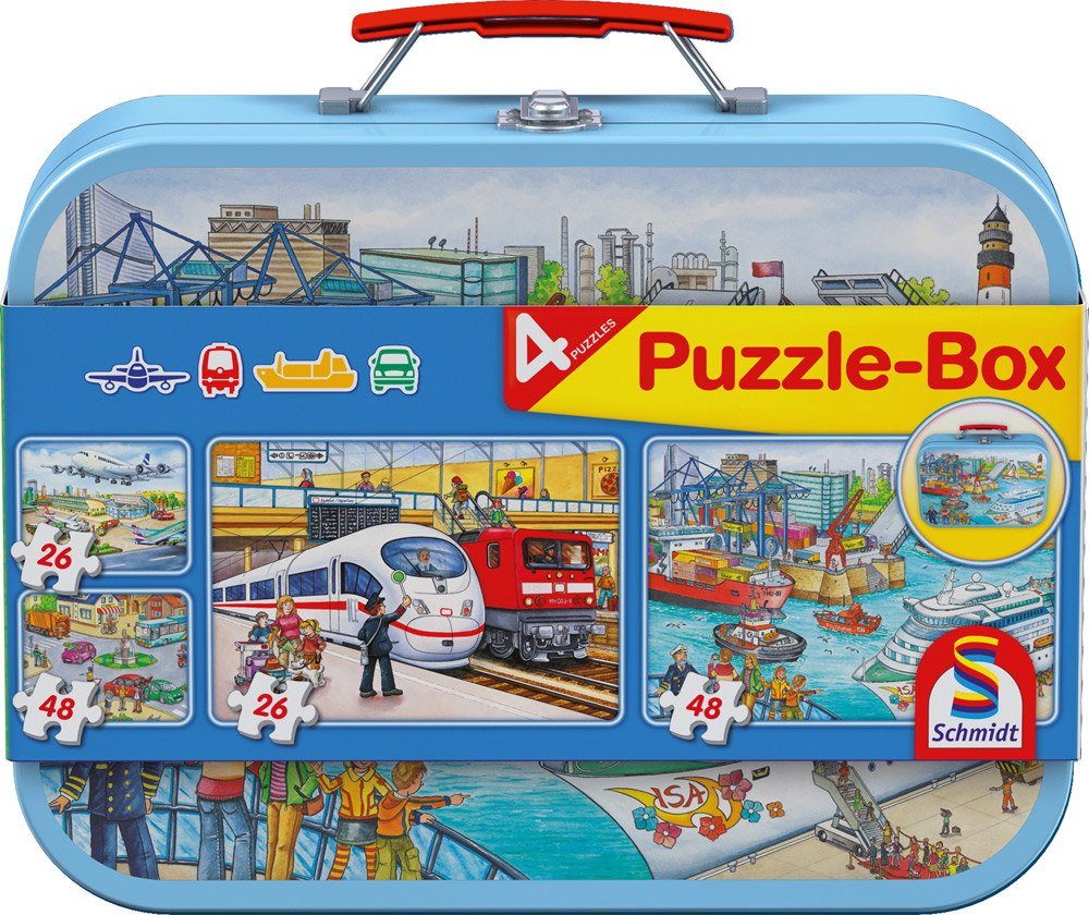 x Puzzle-Box x 56508, 26 Puzzle 2 Spiele 26 Schmidt Puzzleteile 2 Verkehrsmittel + 48 Metallkoffer Teile