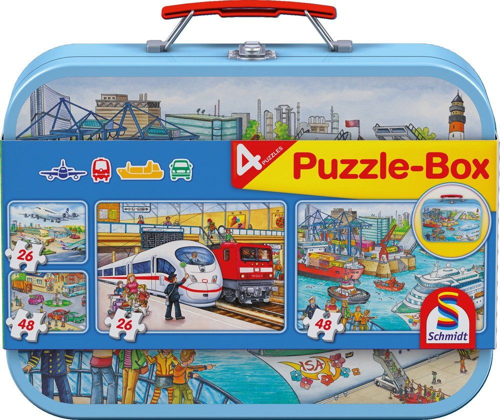 Puzzle 2 x 26 + 2 x 48 Teile Verkehrsmittel Puzzle-Box Metallkoffer 56508
