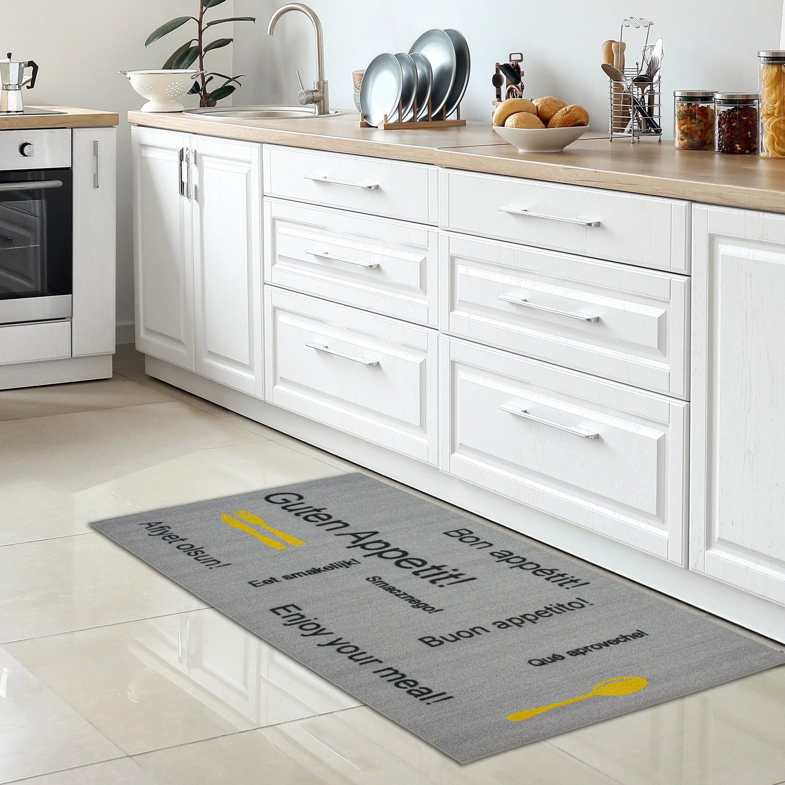 Teppich Küchenläufer in grau 5 rechteckig, und Höhe: Carpetia, schwarzem & mit Schriftzug, mm Gelrücken gelbem
