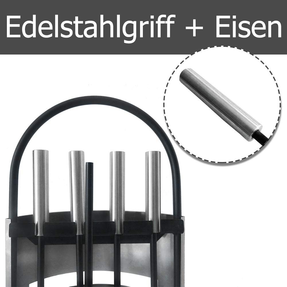 FIVMEN Kamingarnitur 5 teilig Kaminzubehör Edelstahl Kaminofen Kaminbesteck, mit Standfuß, Besen, Zange, Schürhaken, Ascheschaufel, Silber/Schwarz