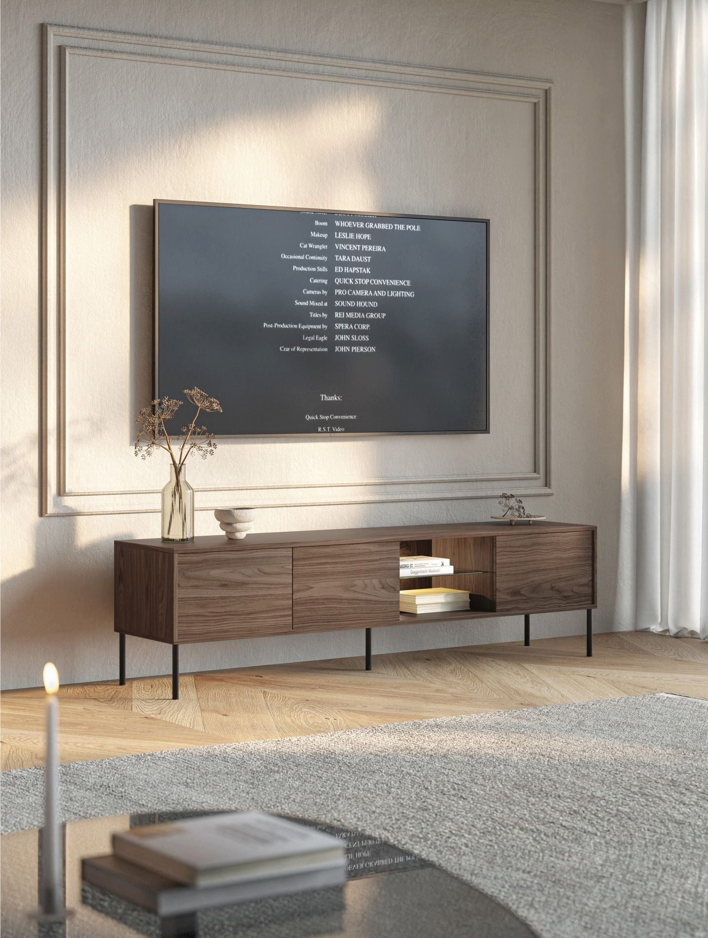 Selsey TV-Schrank MODITY TV-Möbel 3-türig mit Push-to-Open, Glasablage & LED-Licht, 175 cm