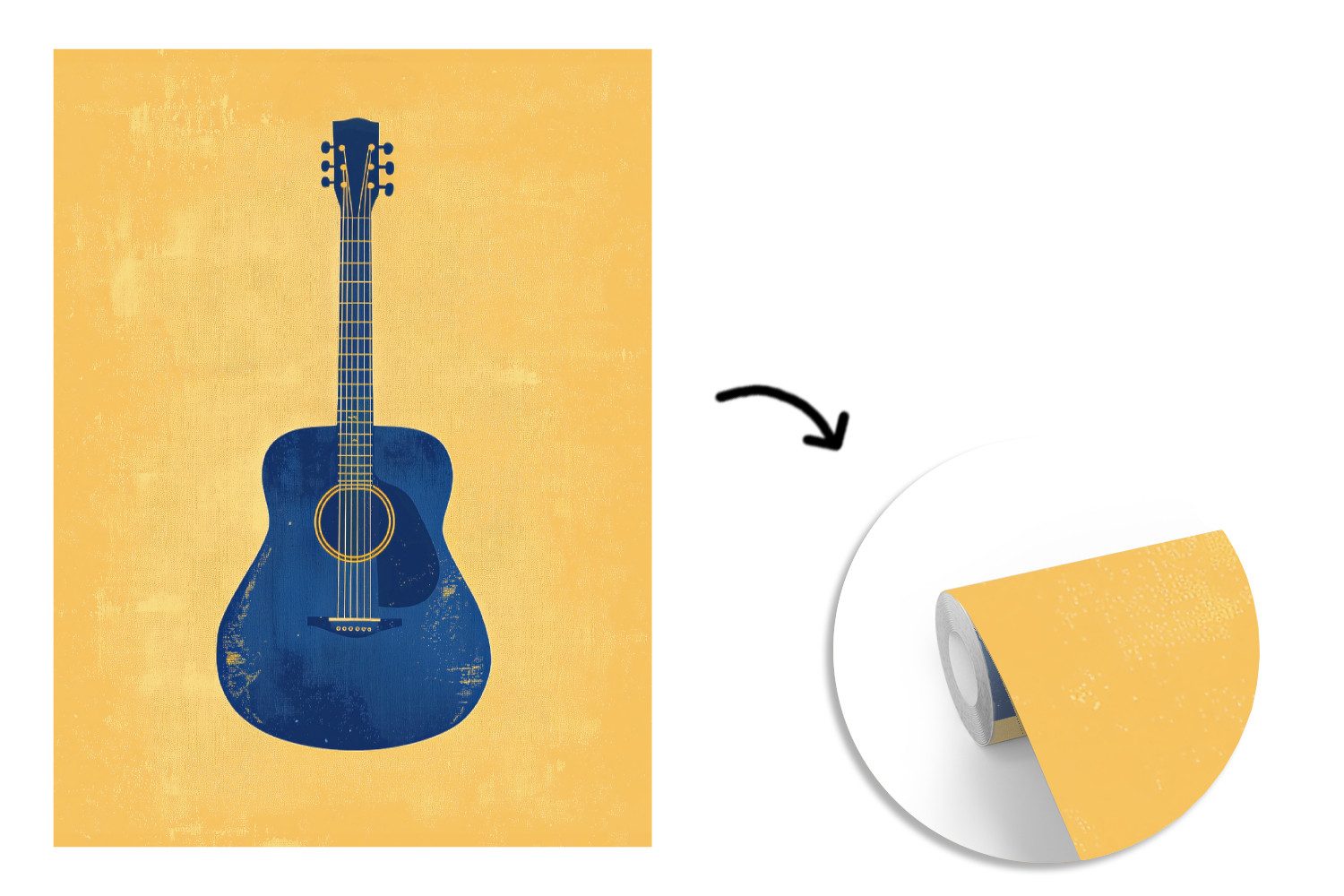 MuchoWow Fototapete Gitarre - Akustisch - Gelb - Minimalistisch, Matt, bedruckt, Wallpaper für Wohnzimmer, Schlafzimmer, Vinyl Tapete, 165x220 cm