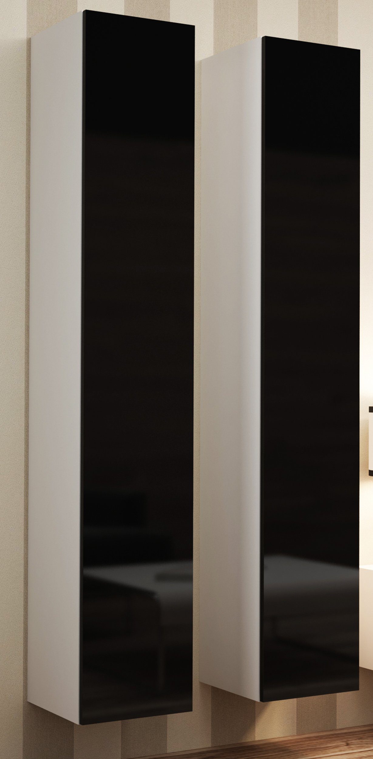 Stylefy 1xLowboard Push-to-Open, aus Modern bestehend Weiß/Schwarz 3xHängeschrank, Hochglanzfronten, Wohnzimmer-Set), Design und XIV, Wohnmöbel, (Set Wohnwand mit (4-St), Vago