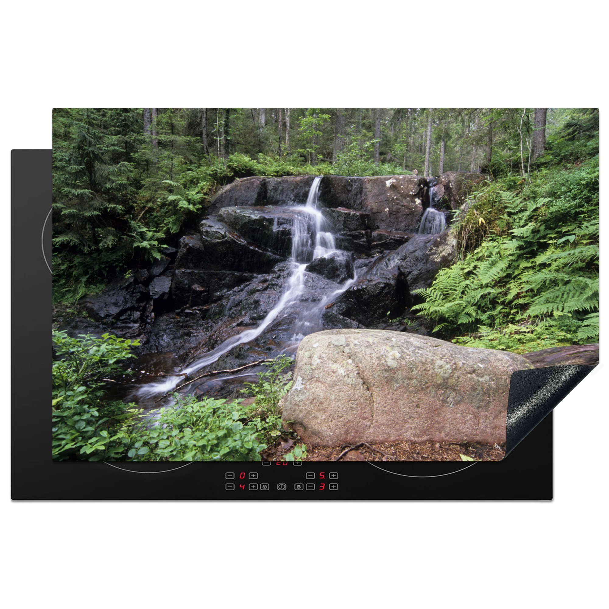 MuchoWow Herdblende-/Abdeckplatte Wasserfall in den Wäldern des Skuleskogen-Nationalparks in Schweden, Vinyl, (1 tlg), 81x52 cm, Induktionskochfeld Schutz für die küche, Ceranfeldabdeckung