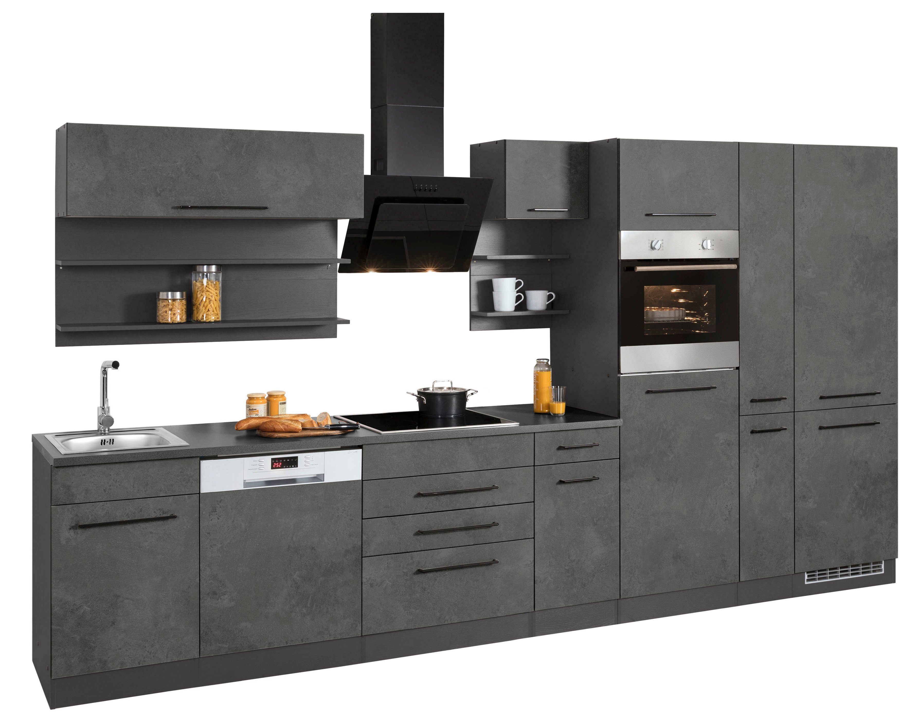 KOCHSTATION Küchenzeile KS-Tulsa, mit E-Geräten, Breite 360 cm, schwarze Metallgriffe, MDF Fronten