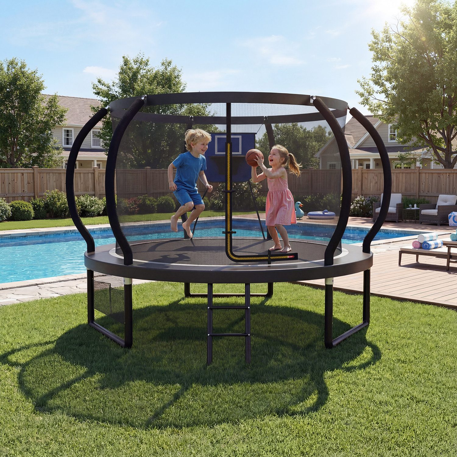 HOMALL Gartentrampolin Basketballkorb-Trampoline, Outdoor-Trampoline, Kindertrampoline, Ø 228 cm, (228/305/366/427 cm, komplett mit Basketball, Pumpe, Sicherheitsnetz, Leiter und 360°-Geländer, maximale Belastbarkeit 150 kg)