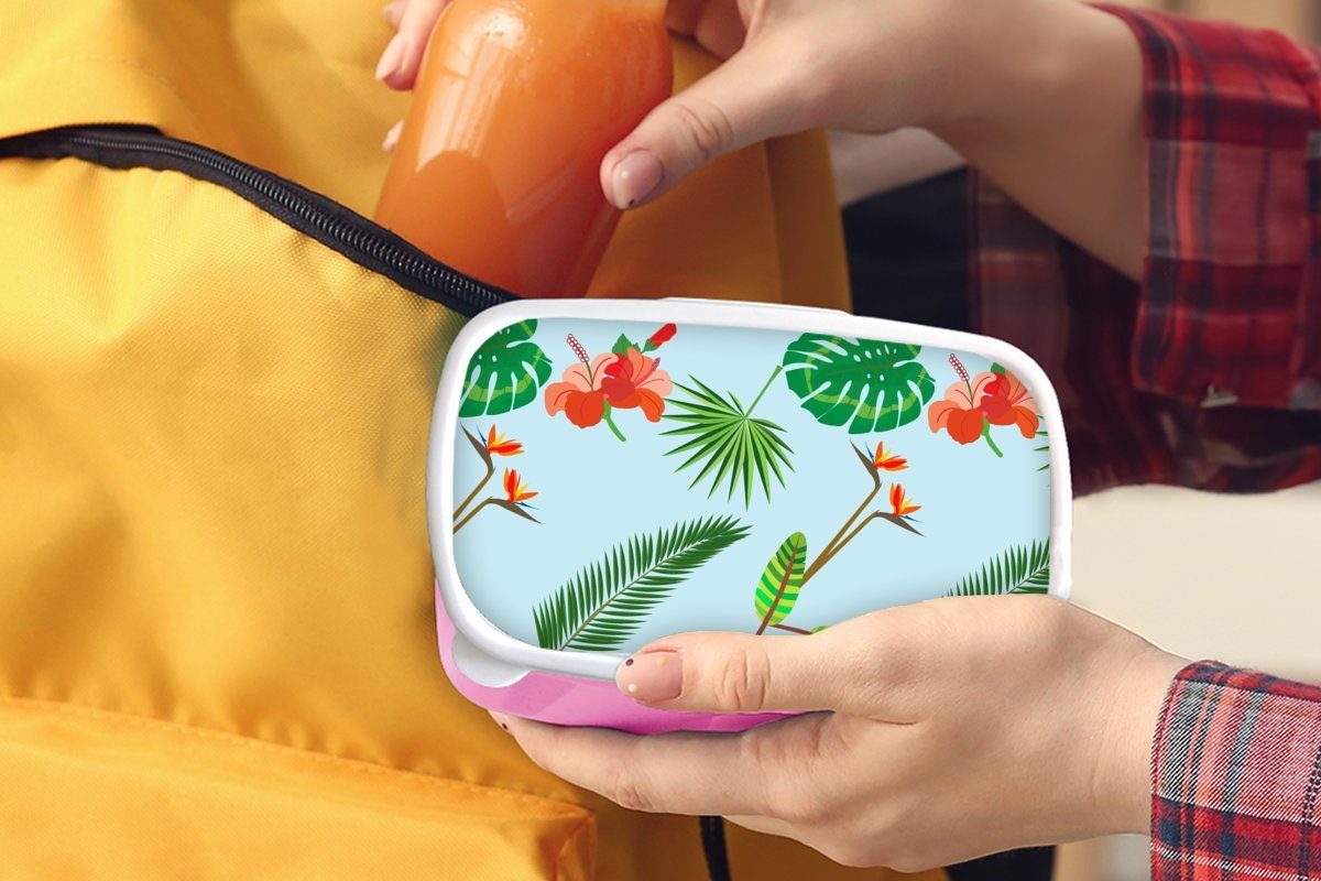 MuchoWow Lunchbox Muster Brotbox - Kunststoff, Mädchen, Erwachsene, rosa für - (2-tlg), Blumen, Snackbox, Kunststoff Kinder, Dschungel - Pflanzen Brotdose