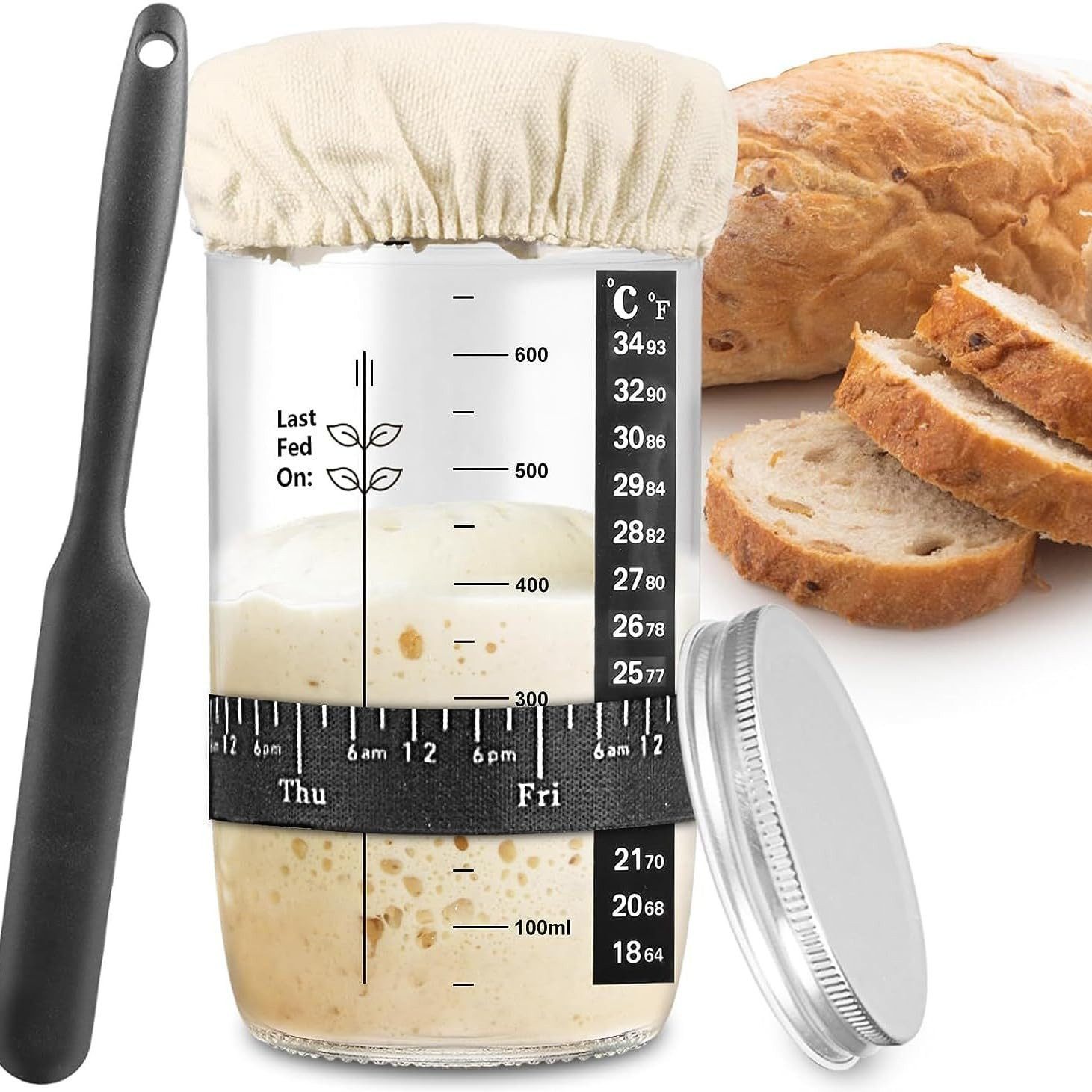 FOUORTUNATE-BEE Fermentationsglas Sauerteig Starter Set aus Glas 680ml, (Glas-Sauerteig-Starter-Kit mit Dattel-Fütterungsband, Thermometer, Deckel, Silikonspatel, wiederverwendbares), Sauerteig-Brot-Backzubehör