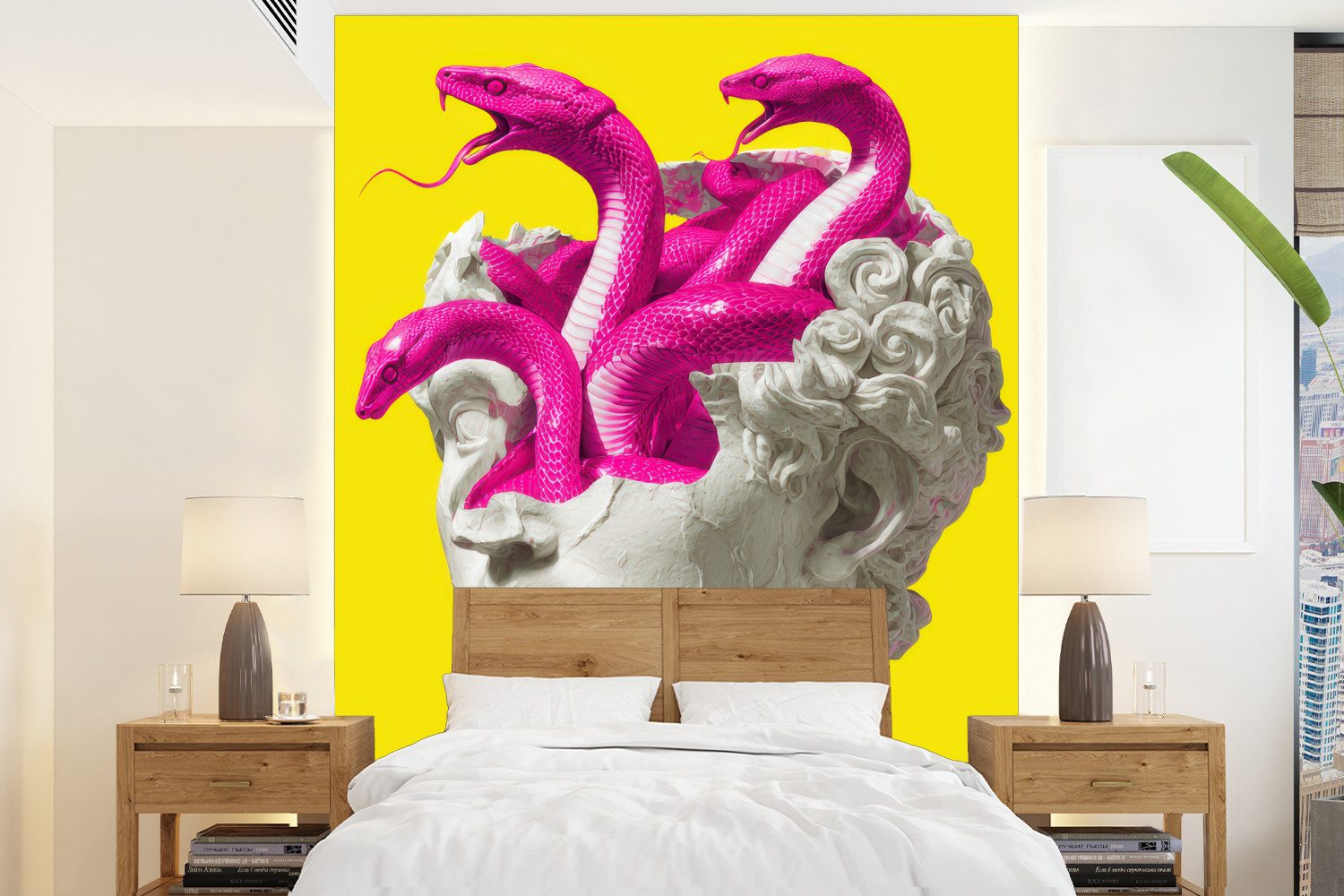 MuchoWow Fototapete Büste - Schlangen - Gelb, Matt, bedruckt, Vliestapete für Wohnzimmer Schlafzimmer Küche, Fototapete, 160x220 cm
