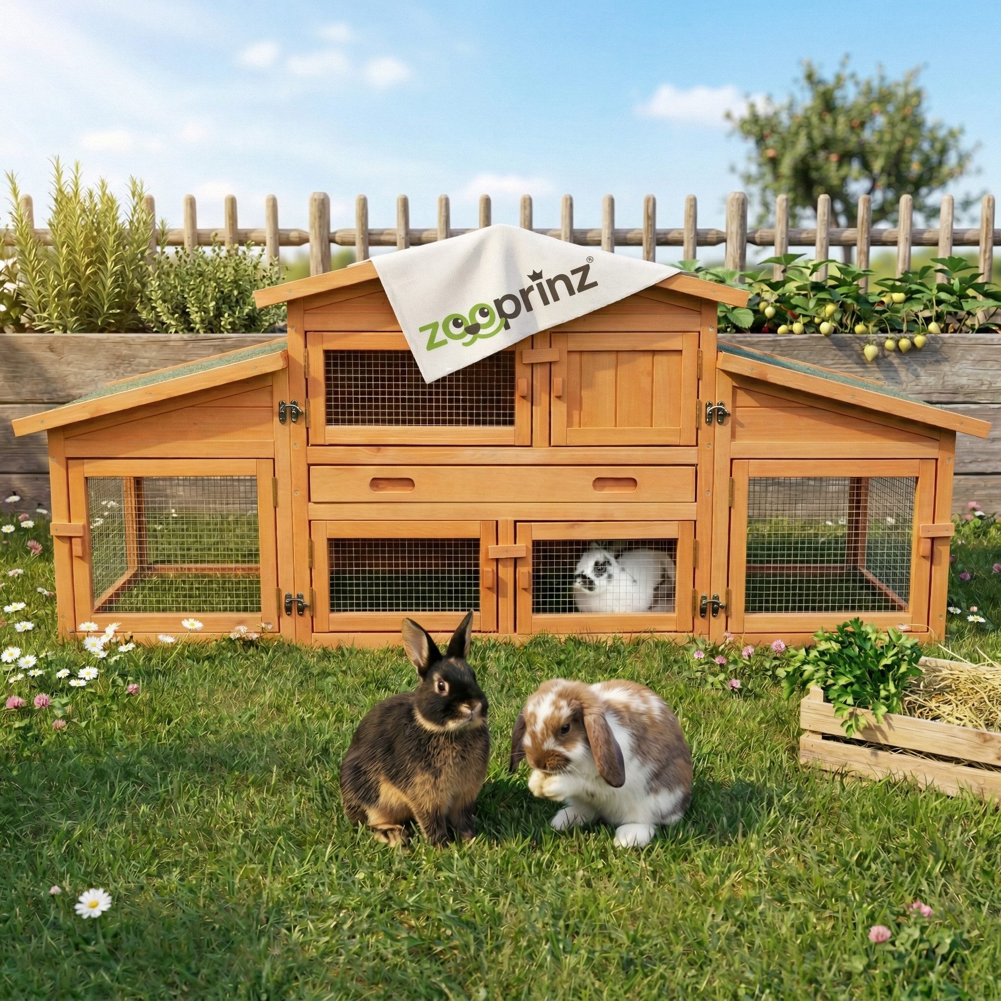 Zooprinz Kleintierstall König XXL mit Doppelauslauf 180x72x62 cm (BxHxT), Bitumen Klappdach, Massives Kiefernholz