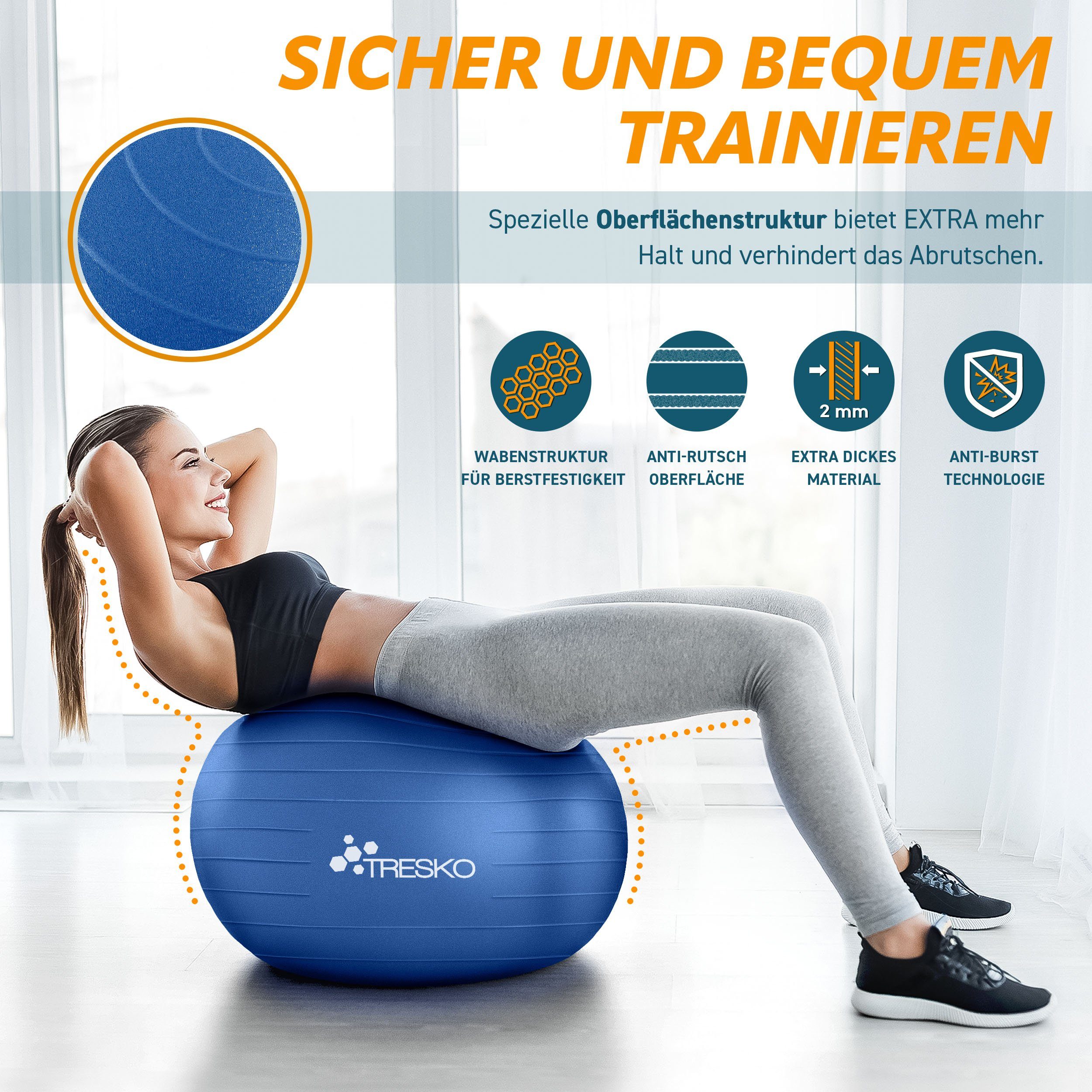 TRESKO Gymnastikball mit GRATIS Übungsposter inkl. Luftpumpe Yogaball, BPA-Frei Sitzball Büro Anti-Burst inkl. Luftpumpe, Fitnessball