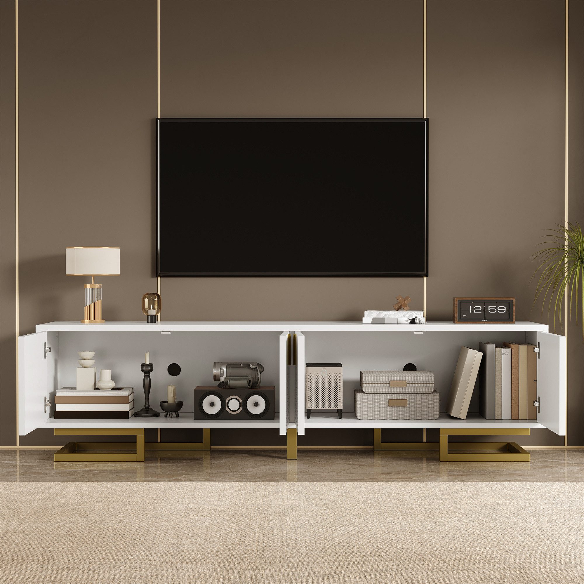 Merax Lowboard Fernsehschrank in Schwarz mit Struktur, (1 St), TV-Schrank mit 4 Türen, goldene Griffe & Beine, 160x38x44,5 cm