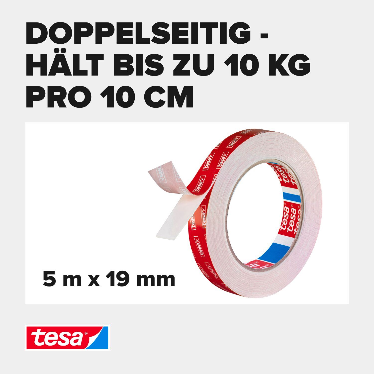 tesa Doppelklebeband POWERBOND Ultra Strong Doppelseitiges Klebeband (Packung, 1-St) wetterfestes Montageband - extra stark klebend - 5 m : 19 mm