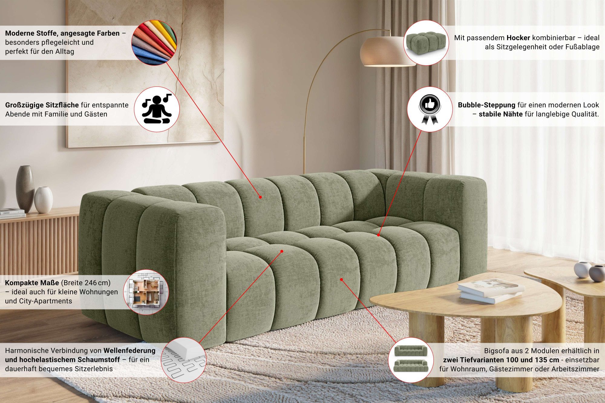 homsy by Ana Johnson Big-Sofa »L« BOUBELLE Design-Sofa mit Steppung, Bubble-Optik, Breite 246 cm, 4-Sitzer mit Wellenunterfederung, L Sitztiefe 63 cm