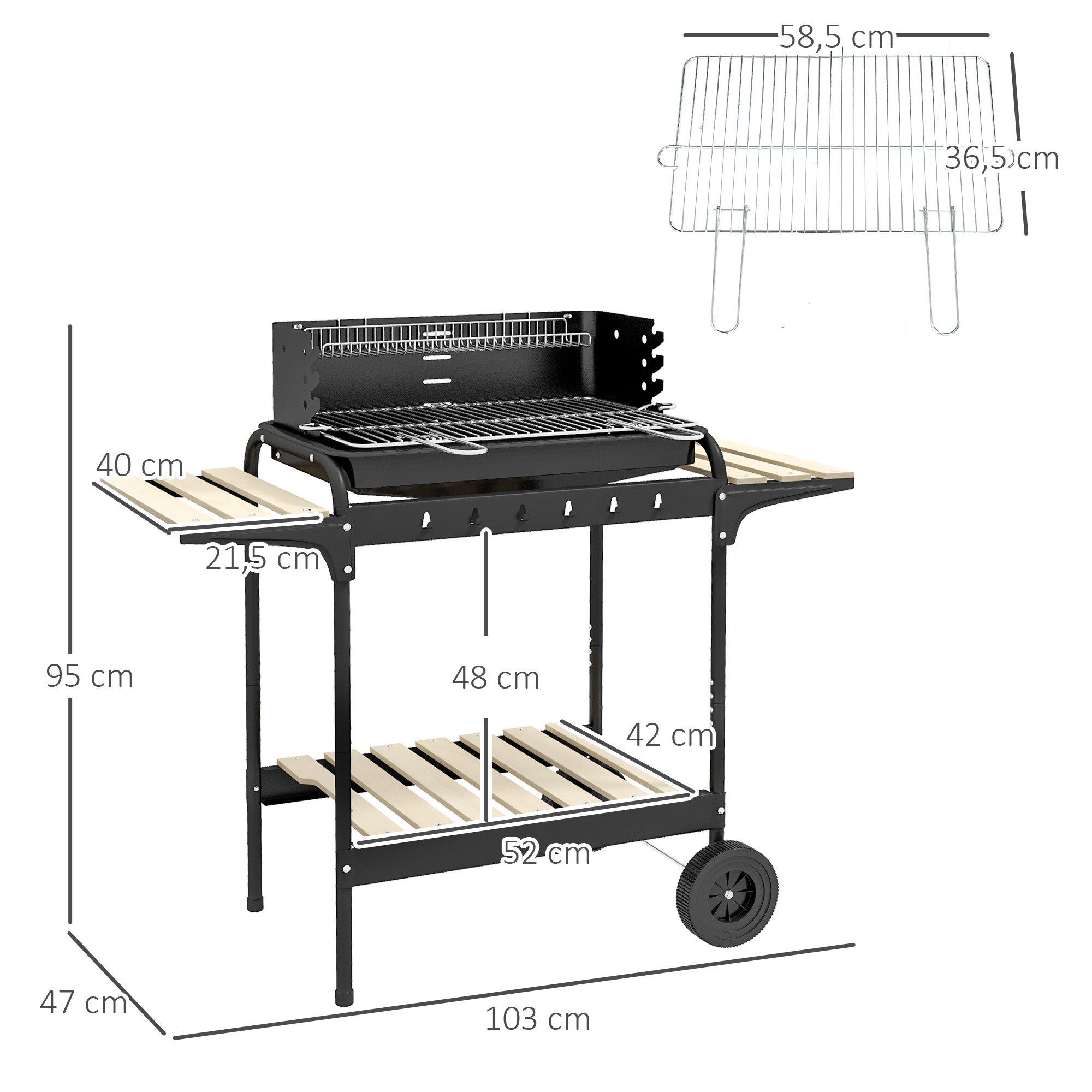 Outsunny Holzkohlegrill mit Räder, höheverstellbar Grillrost, Holzablage, BBQ Smoker, fahrbar Grillwagen, für Barbeque Camping, Terrasse, 95 x 71,5 x 102 cm