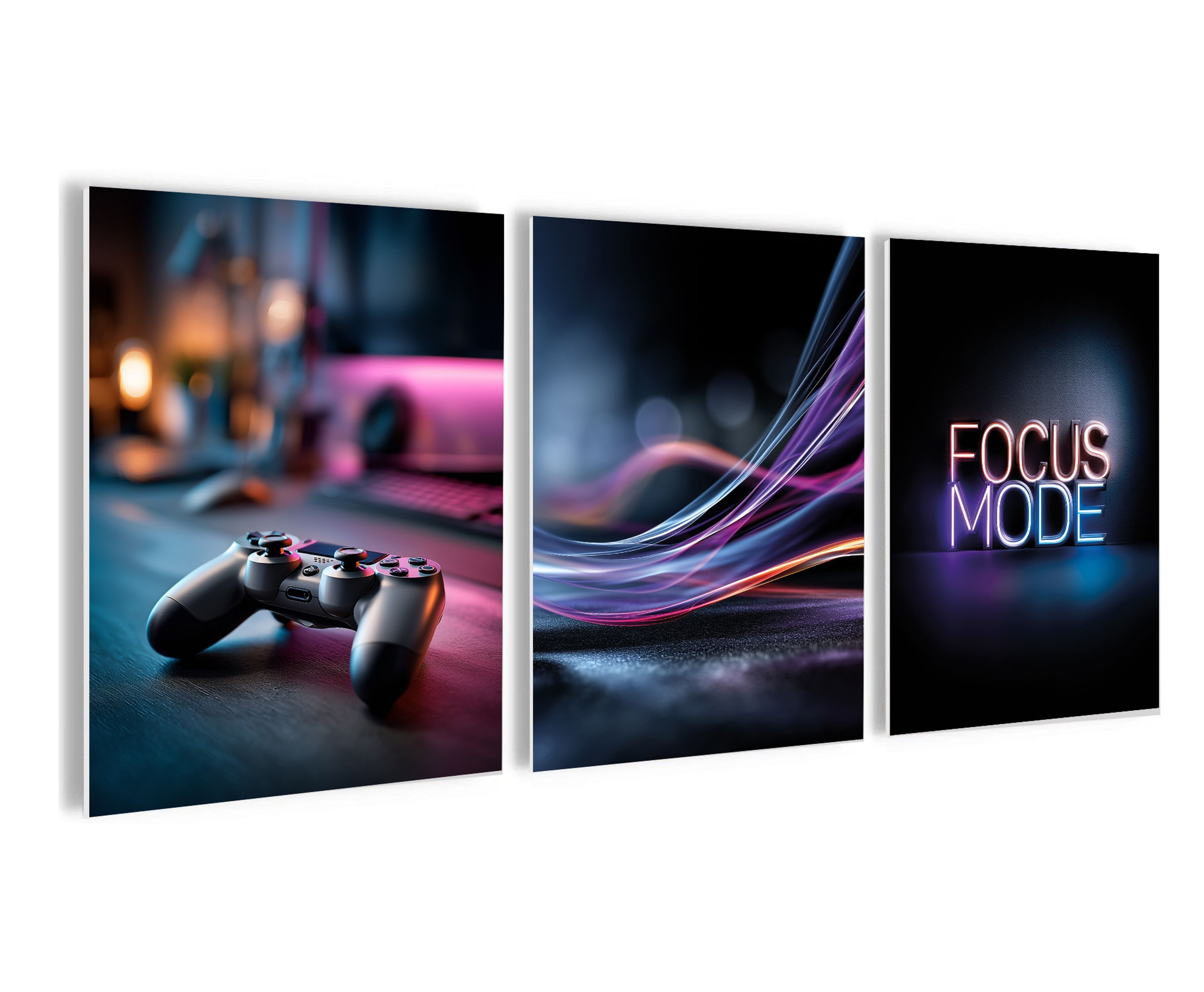 artissimo Mehrteilige Bilder Wandbilder-Set 3er-Set / Gaming Wanddeko / Jugendzimmer, Gaming: Neon Setup in blau lila schwarz