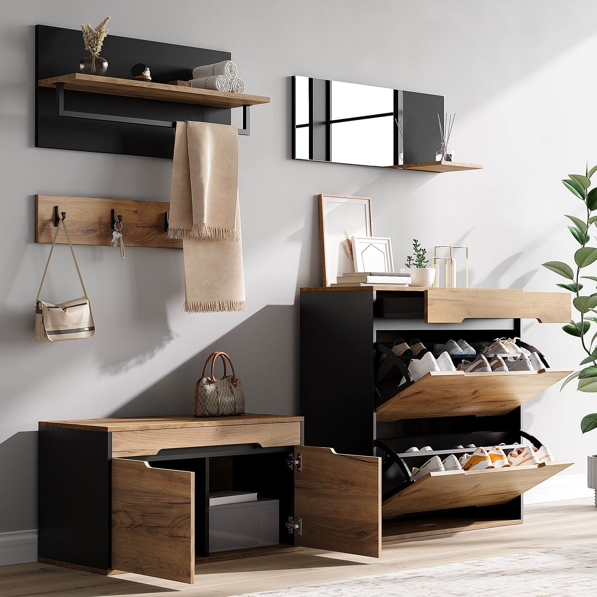 HAUSS SPOLE Garderoben-Set mit Schuhschrank und Schuhbank,Garderobe mit Spiegel,Schwarz/Holzton, (Multifunktionales Garderobenset 156 × 36 × 176 cm mit Schuhwechselhocker), Garderobe mit Spiegel und Sitzbank für Eingangsbereich