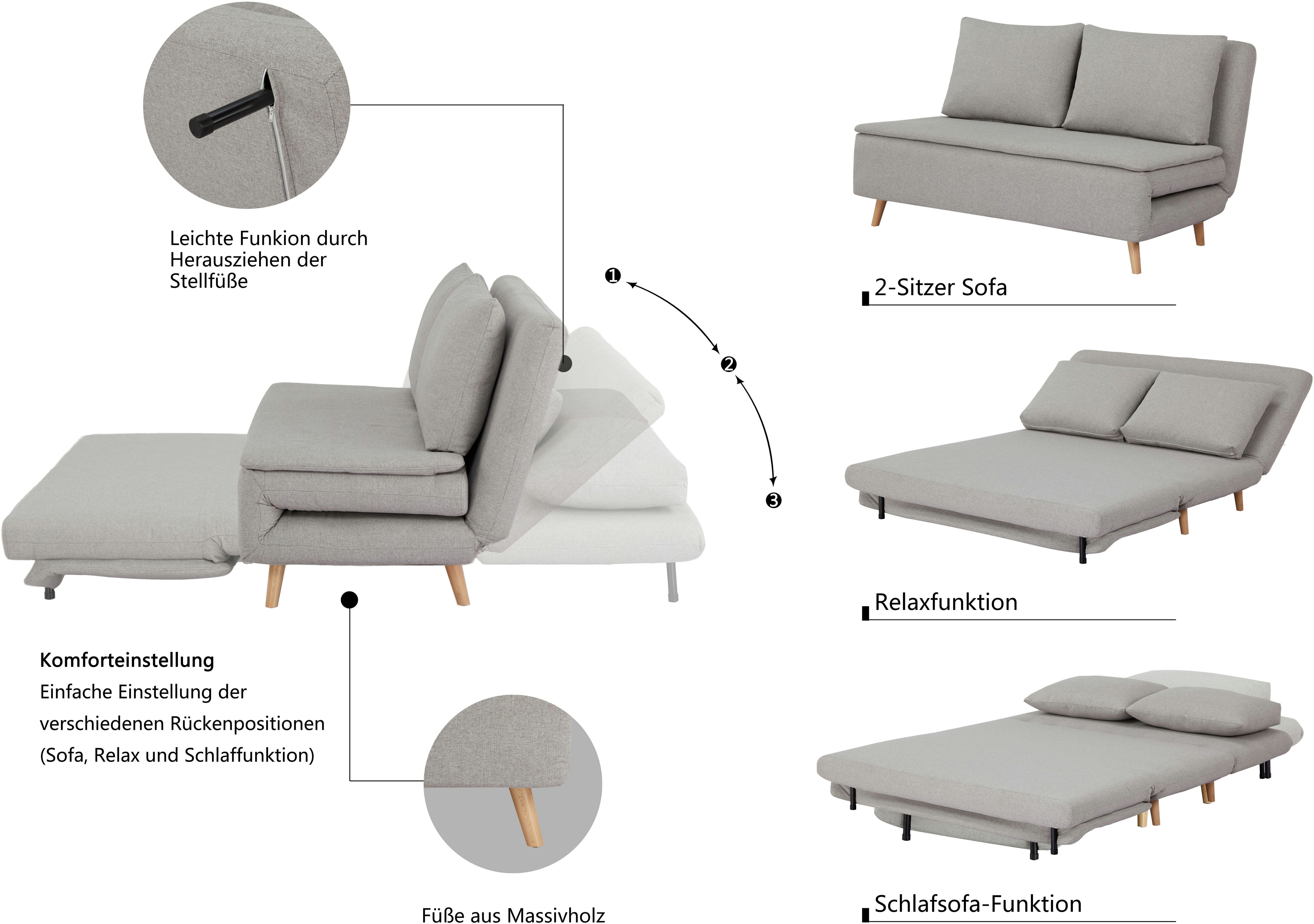 Home affaire Schlafsofa AINSLEY 140 cm -2-Sitzer, verstellbare Rückenlehne, wandelbar zum Gästebett, Relaxsofa, Webstoff u. Cord-Bezug