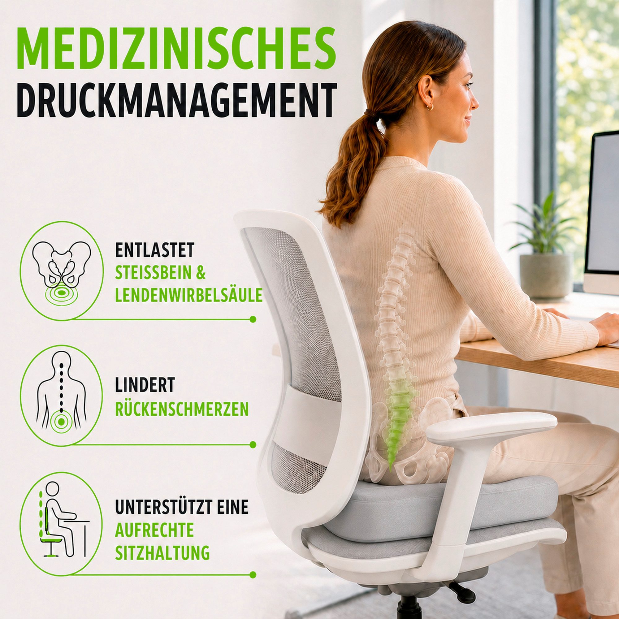 feela Sitzkissen Orthopädisches Kissen – Ergonomisch, 3 Härtegrade bei Rückenschmerzen, Fördert gesundes Sitzen & entlastet Rücken – Zuhause, Büro & unterwegs – Bild 2 von 5