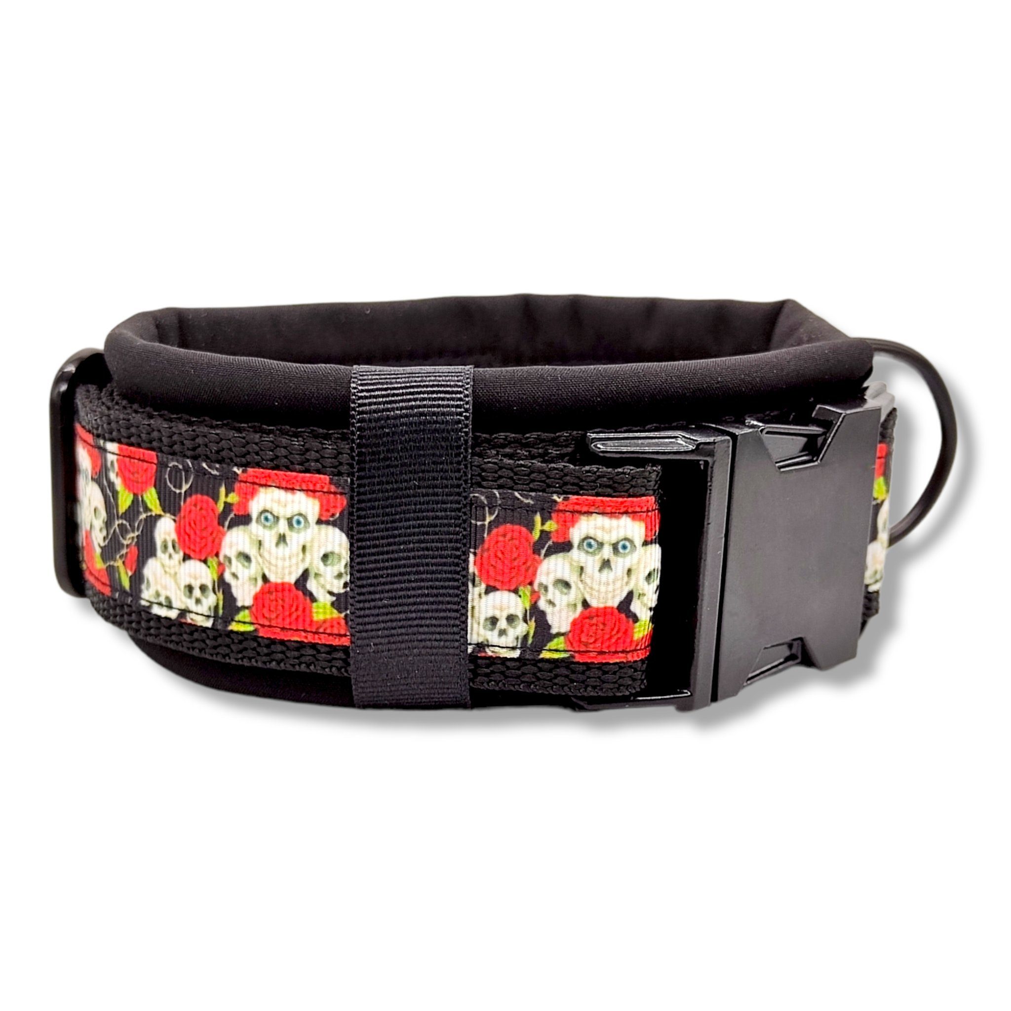 D by E Couture Hunde-Halsband "Skulls & Roses I", gepolstert, verstellbar, 50mm breit, Handmade
