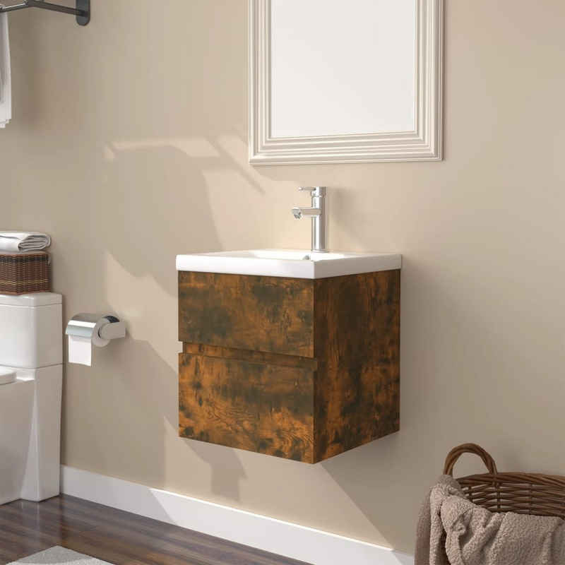 vidaXL Badezimmerspiegelschrank Waschbeckenschrank mit Einbaubecken Räuchereiche Holzwerkstoff (1-St)