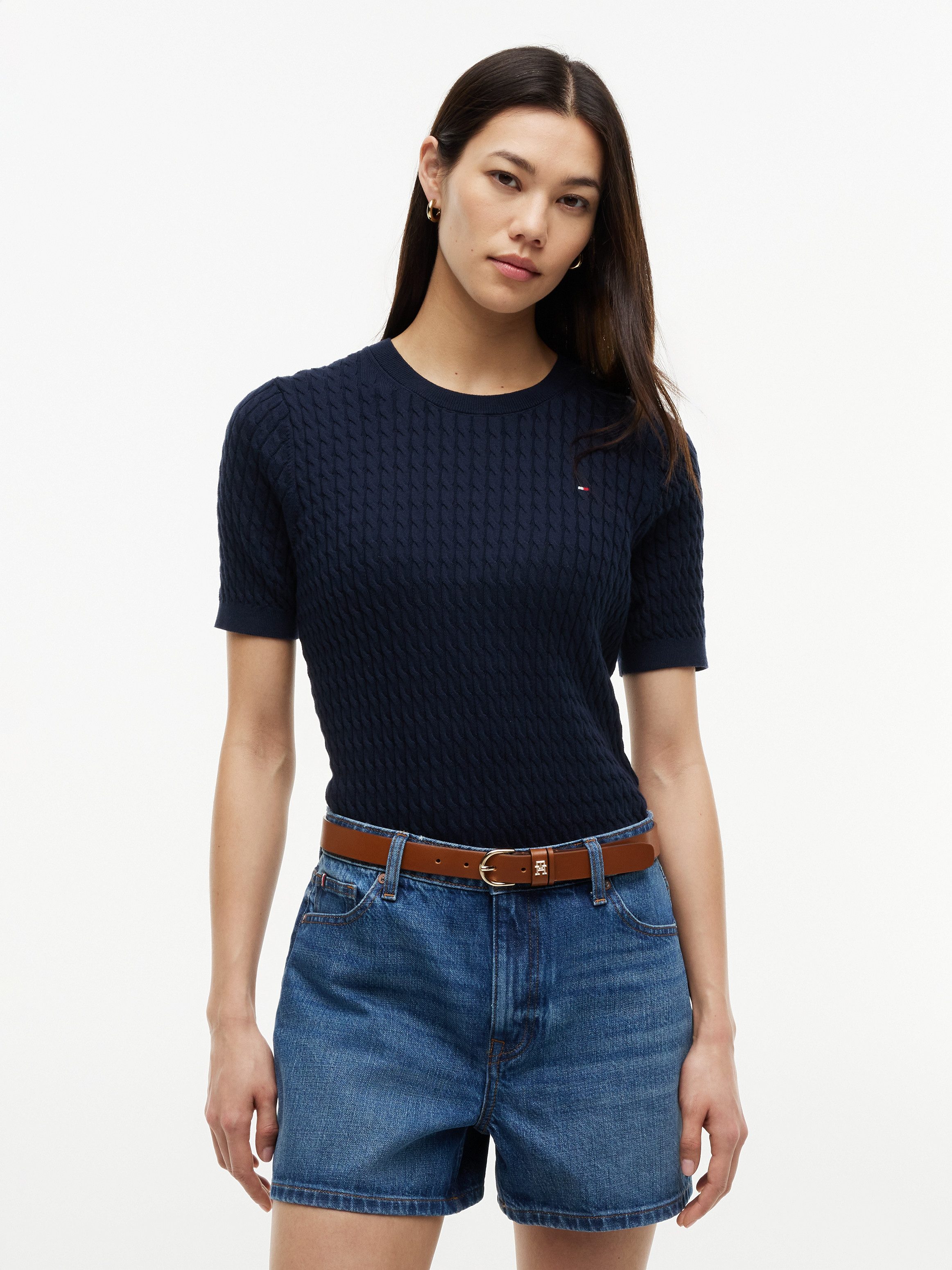 Tommy Hilfiger Kurzarmpullover CO CABLE RWB C-NK SS SWT Baumwolle, mit Zopfmuster