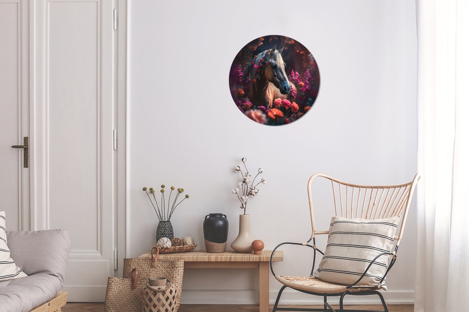 Wandbild, Pferd (1 St), MuchoWow - Forex, cm Lila Wanddekoration Blumen - - - 30x30 Orange Rundes Wohnzimmer, Kreis Tiere, Gemälde