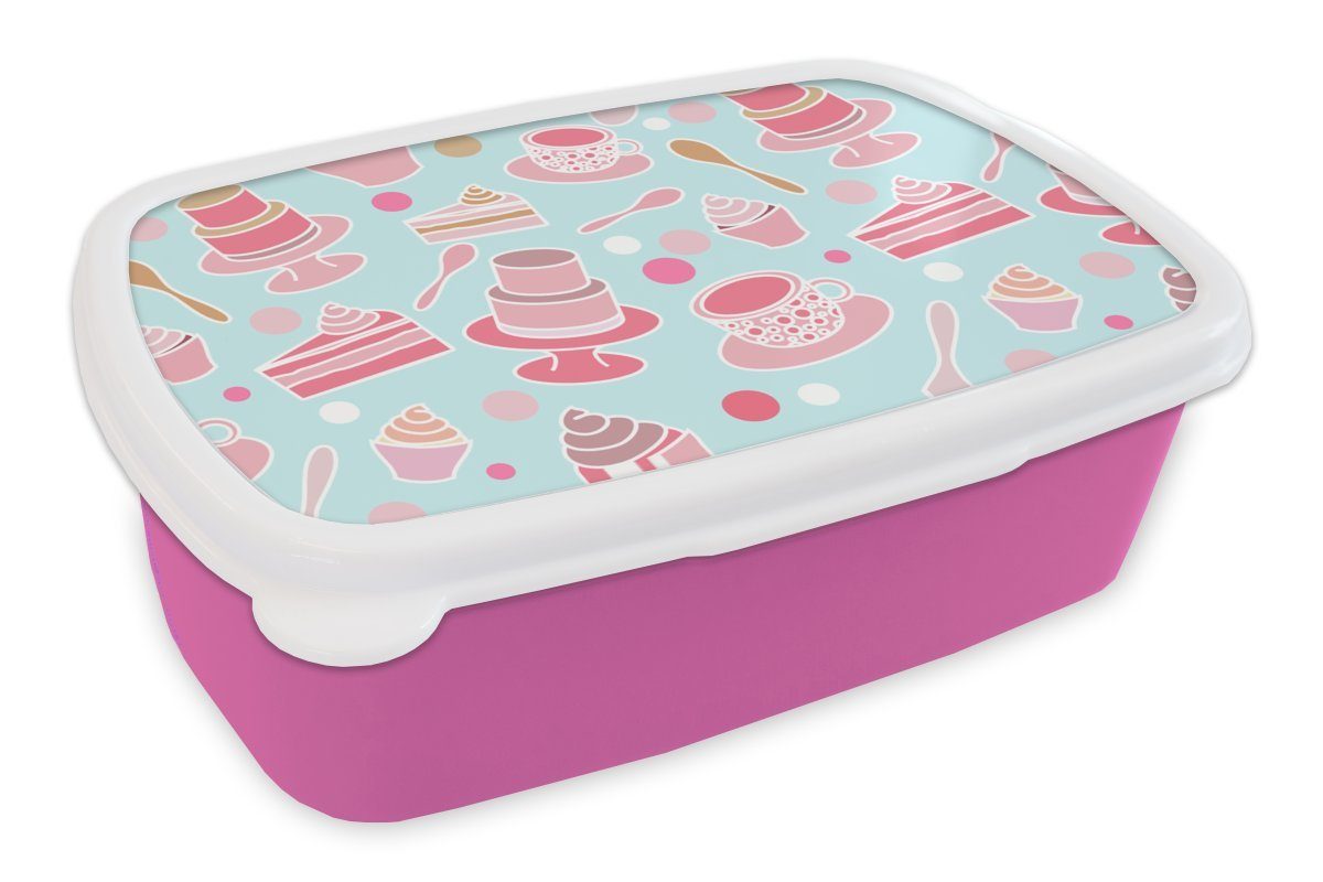 MuchoWow Lunchbox Torte - Tee - Cupcake - Rosa - Design, Kunststoff, (2-tlg), Brotbox für Erwachsene, Brotdose Kinder, Snackbox, Mädchen, Kunststoff