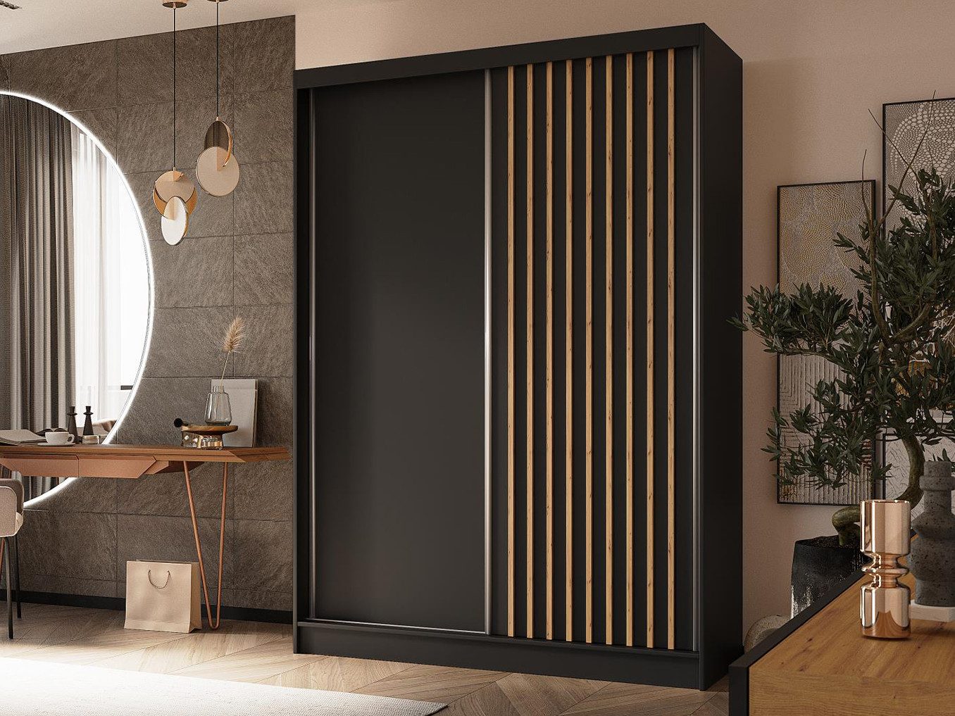 Beautysofa Kleiderschrank Moderner stilvoller eleganter Kleiderschrank mit Schiebetür HELIOS (Moderner Schwebetürenschrank mit Lamellen, Kleiderschrank) In verschiedenen Breiten erhältlich