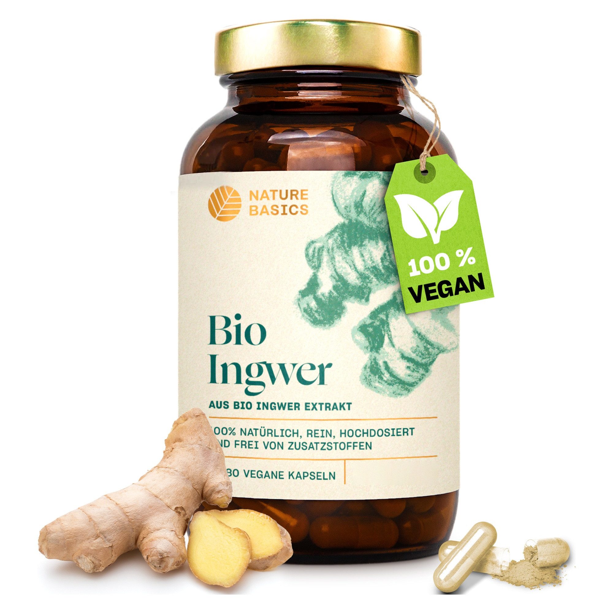 Nature Basics Hochwertiges Bio Ingwer Extrakt Vegan im Braunglas 180 Kapseln, 125 g