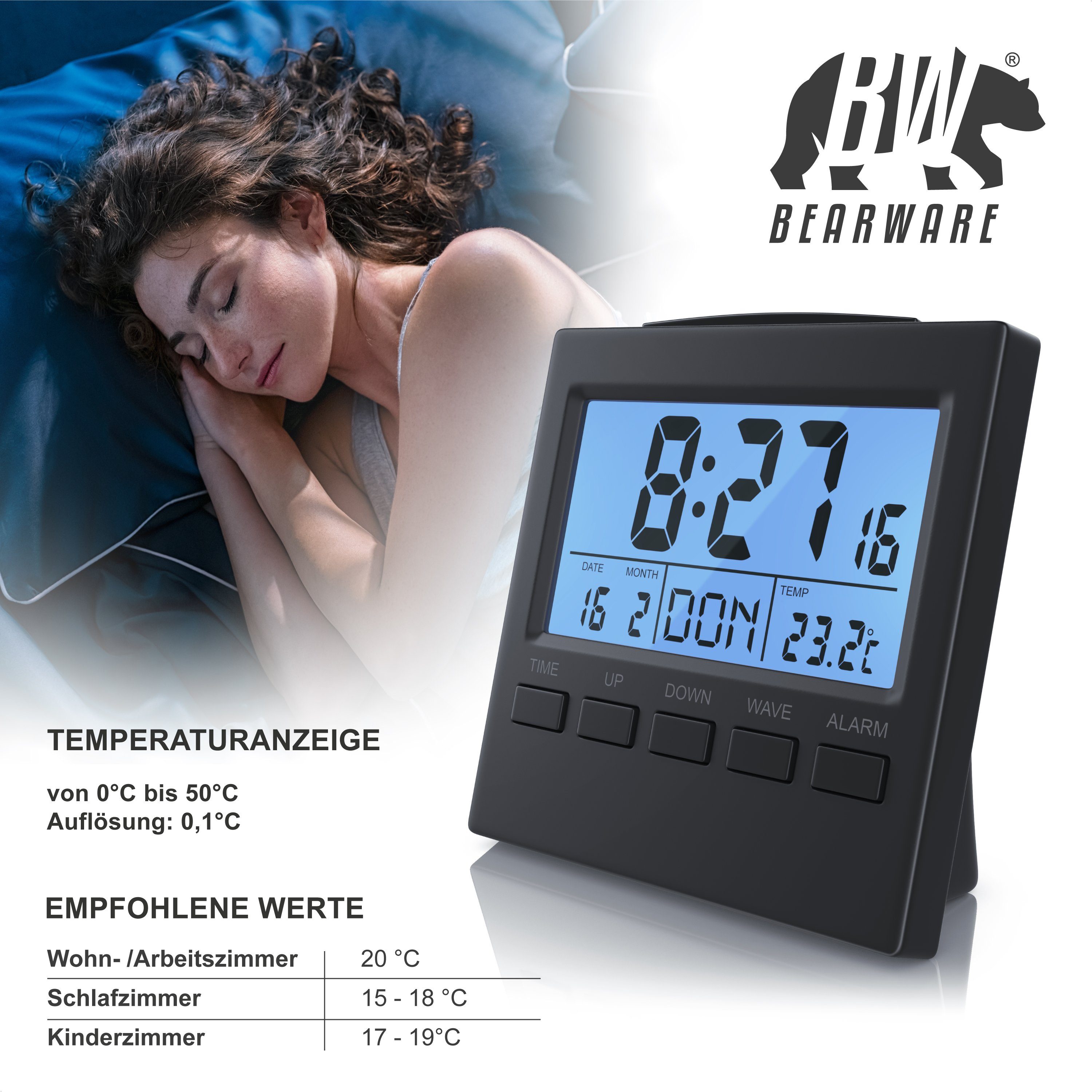 BEARWARE Digital-Funkwecker, DCF-Funkuhr Wecker Datumsanzeige Temperaturanzeige, Innen