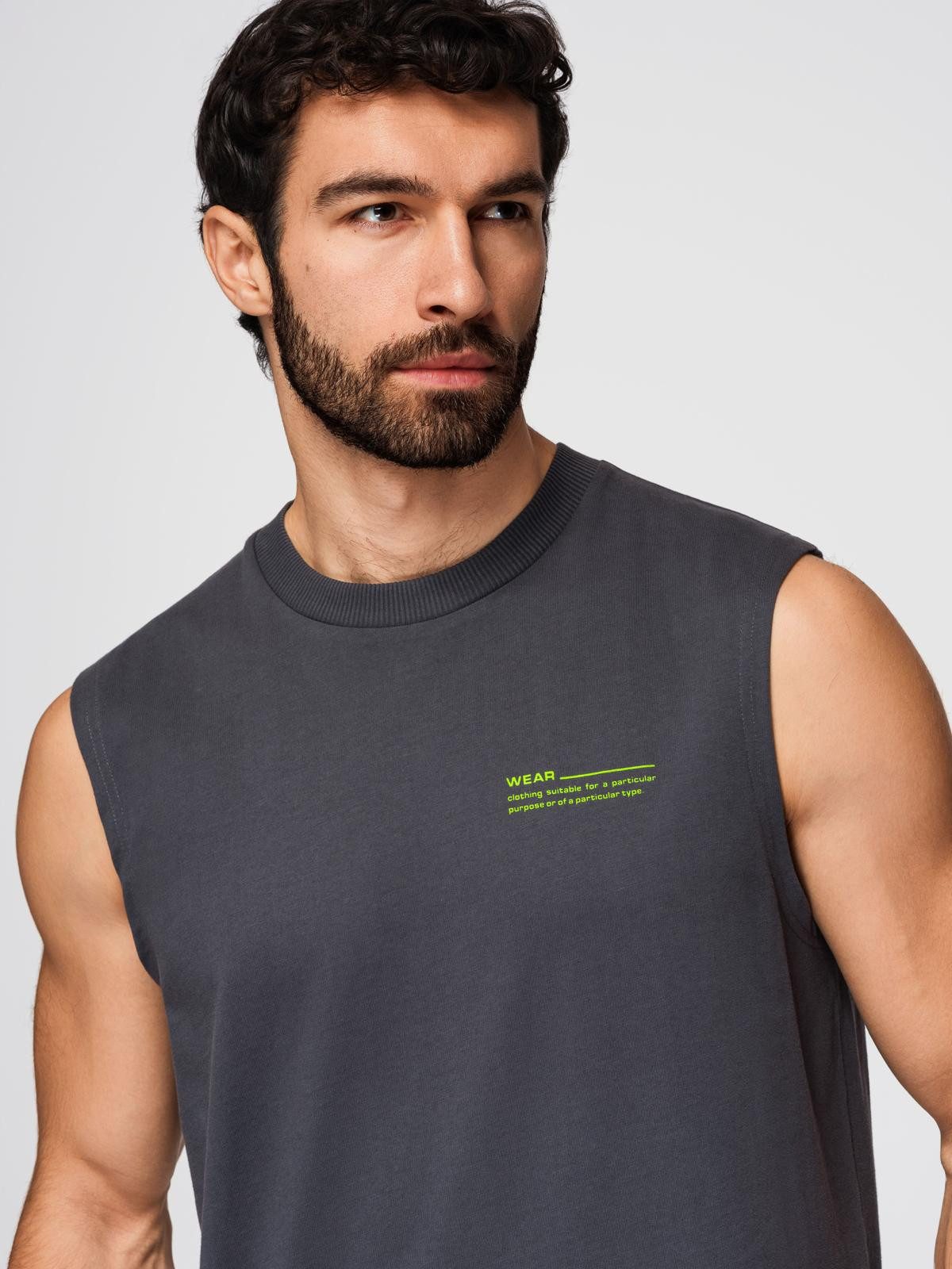 OMBRE Tanktop Herren Tank Top Loose Fit Baumwolle Uni Dunkelgrau M (kein Set, 1-tlg) Kontrastierende Details
