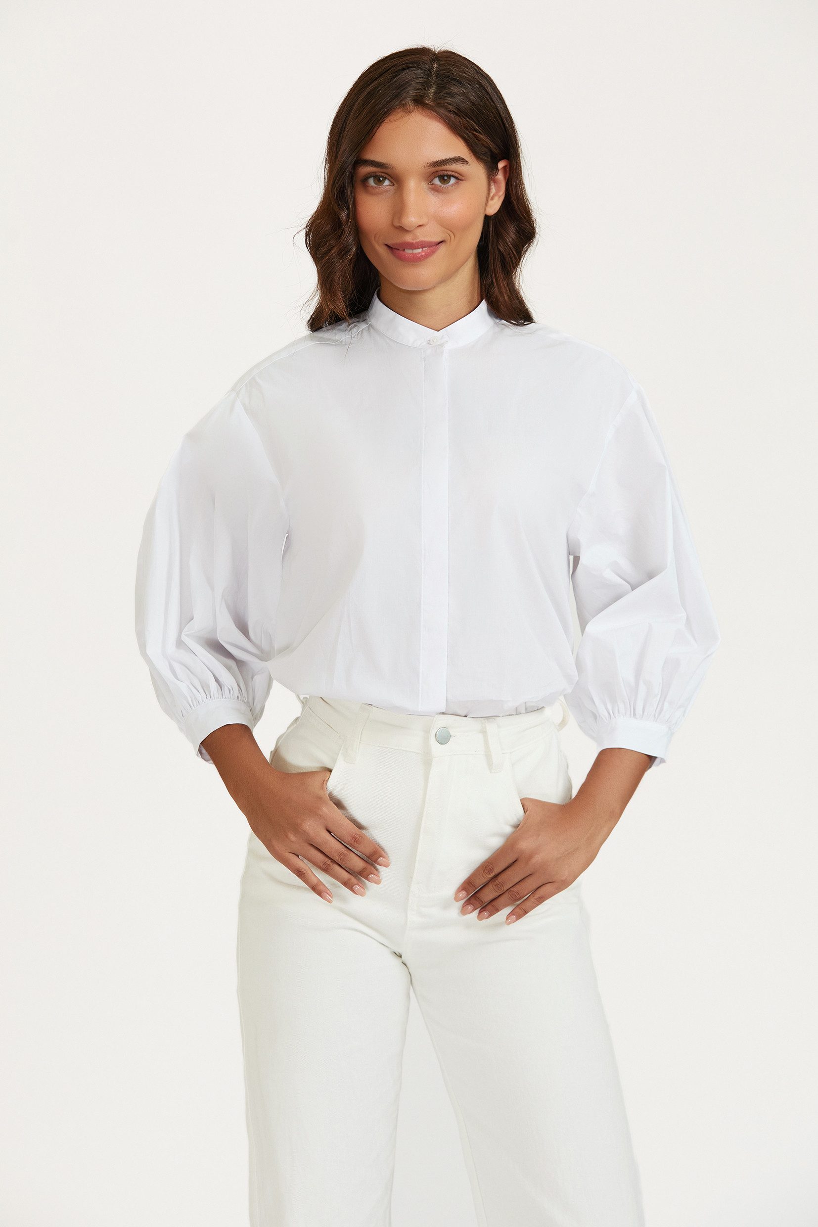 FS Collection Hemdbluse Damen Hemdbluse Damenbluse Baumwollbluse Businessbluse Weiß (XS (EU:36 / UK:8) · S (EU:38 / UK:10) · M (EU:40 / UK:12) · L (EU:42 / UK:14) · XL (EU:44 / UK:16) 100 % Baumwolle - Stehkragen, verdeckte Knopfleiste, Puffärmel