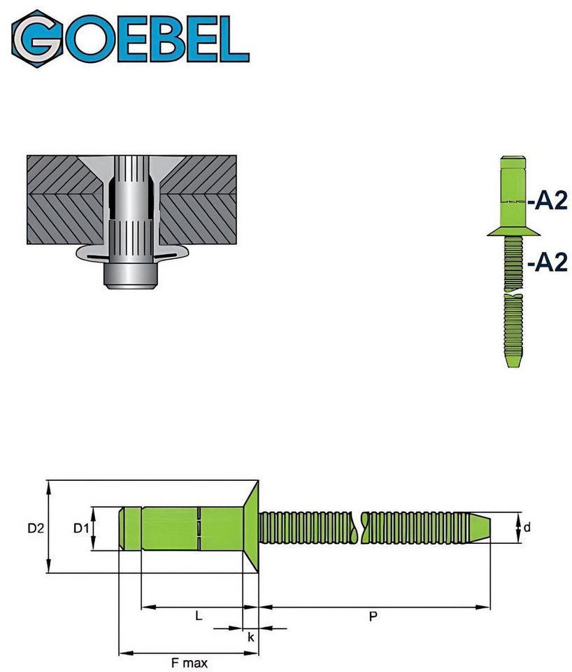 Thumbnail - GOEBEL GmbH Blindniete Hochfeste Blindnieten Edelstahl A2 6,4 x 13,5 mm Nieten Senkkopf, (250x Hochfeste Blindniete Senk...