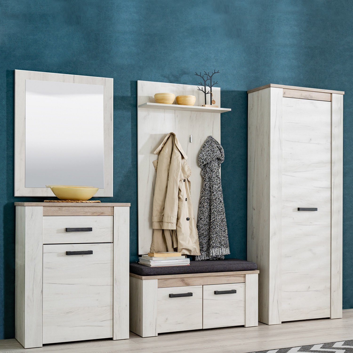 Homestyle4u Шафи-Set Garderobe Flurgarderobe Flurmöbel Holz Eiche Vintage weiß grau, (5-St)