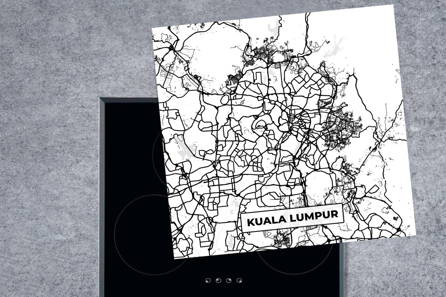 MuchoWow Herdblende-/Abdeckplatte Karte - Kuala und - Lumpur Schwarz Arbeitsplatte - cm, Ceranfeldabdeckung, (1 78x78 weiß, für tlg), Stadtplan küche Vinyl