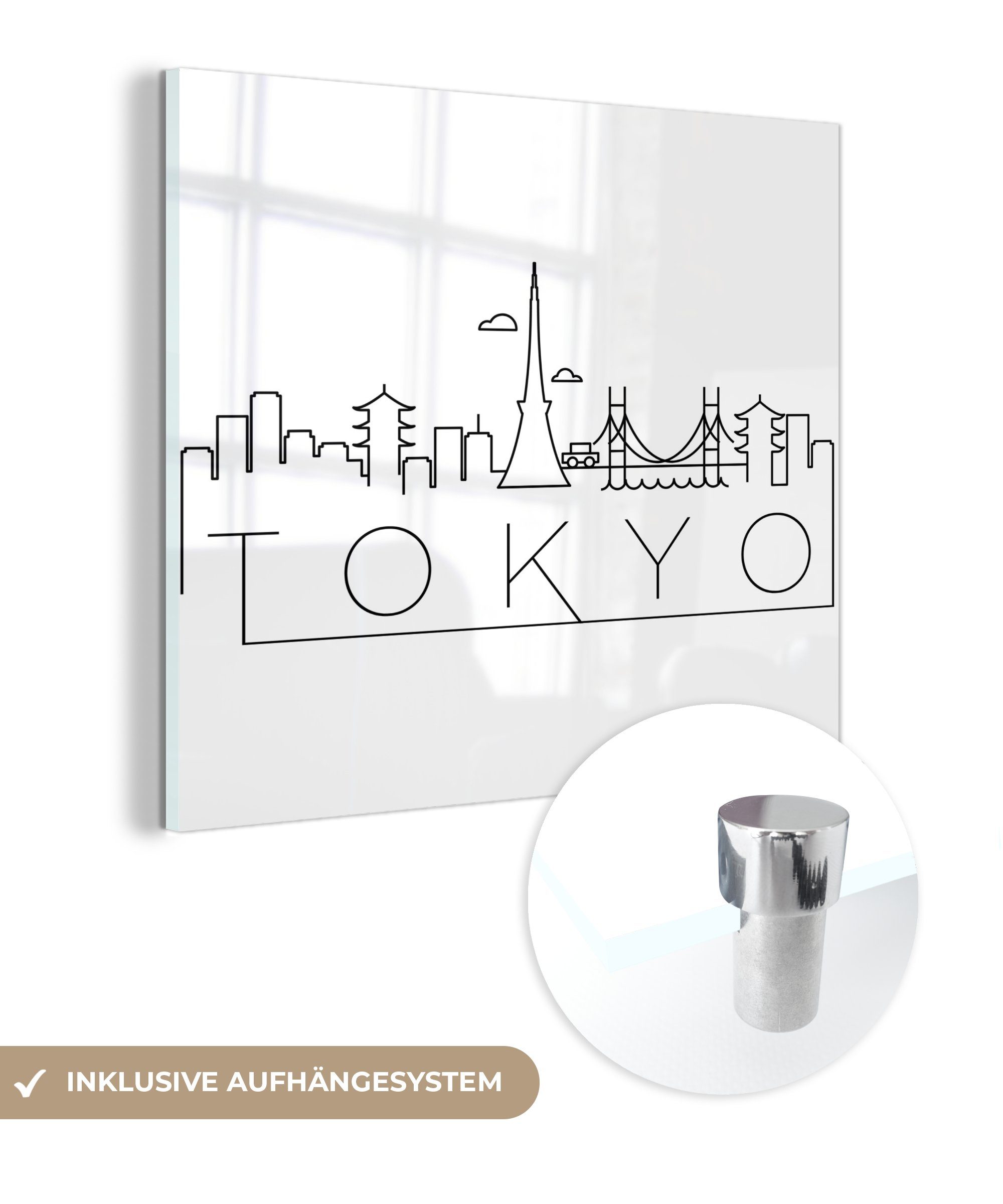 MuchoWow Acrylglasbild Skyline "Tokio" schwarz auf weiß, (1 St), Glasbilder - Bilder auf Glas Wandbild - Foto auf Glas - Wanddekoration